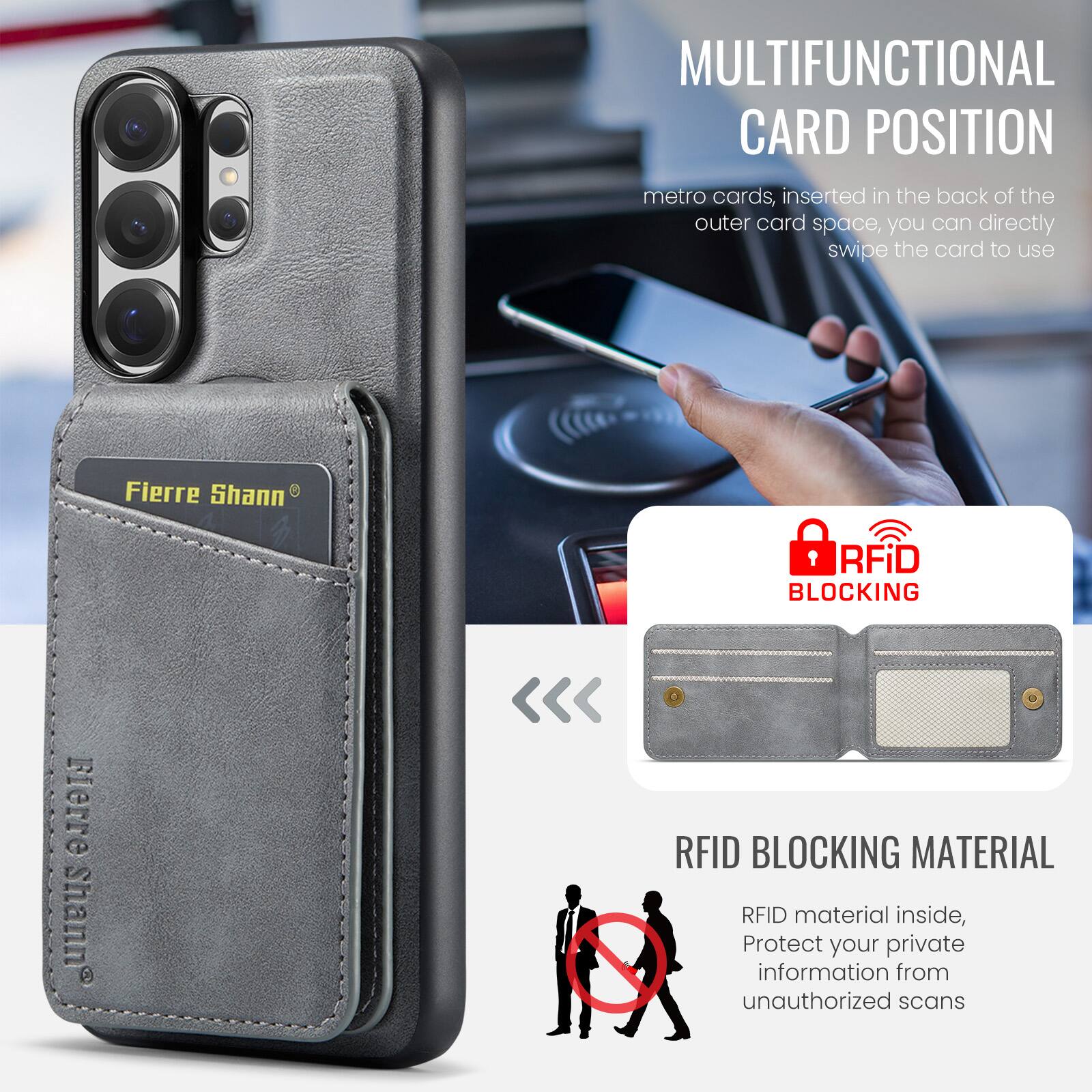 MULTIFUNCTIONAL CARD POSITION  
metro cards, inserted in the back of the outer card space, you can directly swipe the card to use  

Fierre Shann  

RFID BLOCKING  
RFID BLOCKING MATERIAL  
RFID material inside, Protect your private information from unauthorized scans