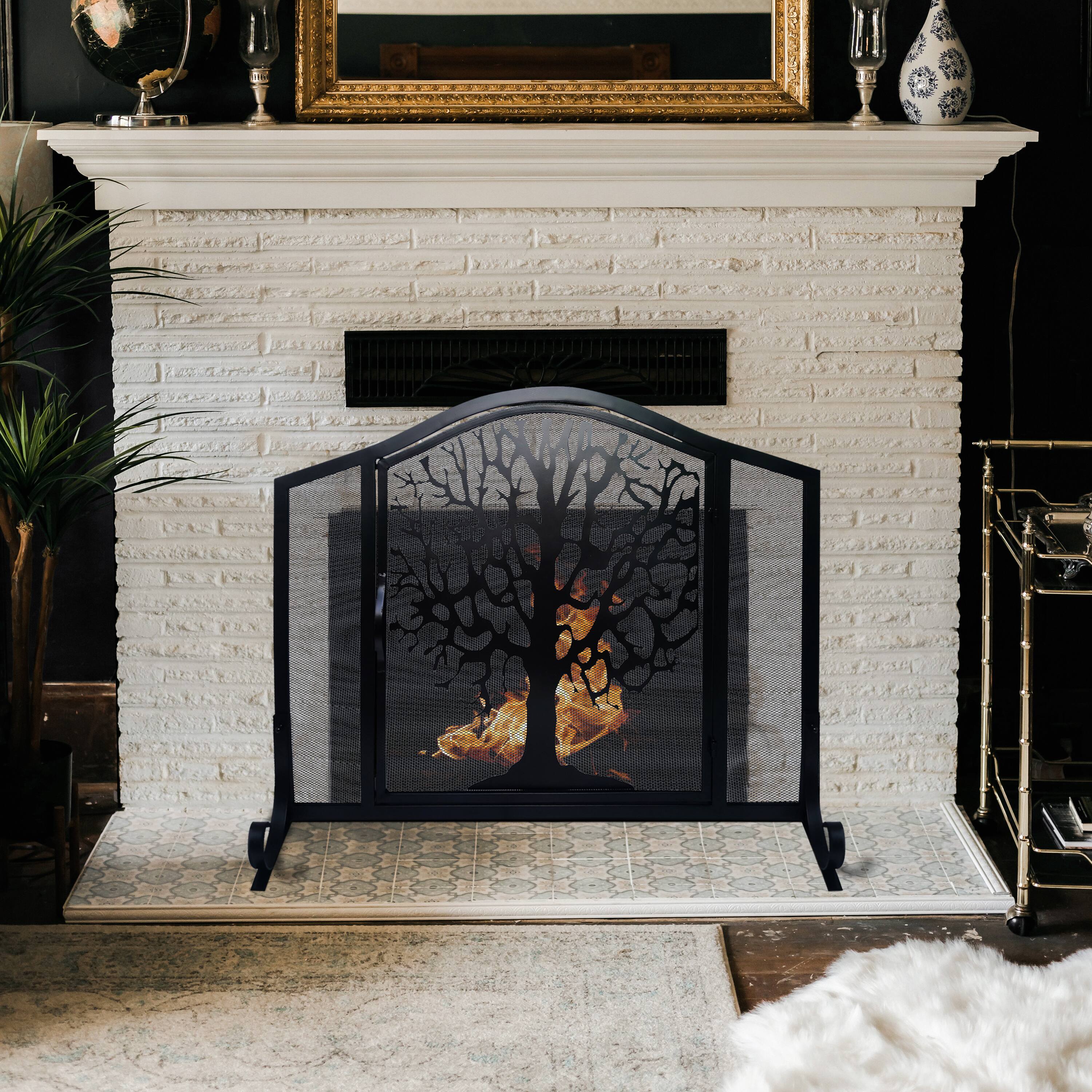 Alt View 7. Manhattan Lane - 43 Inches 3 Panel Iron Fireplace Screen, Mesh Design, Arched Top, Tree of Life Art - Black.