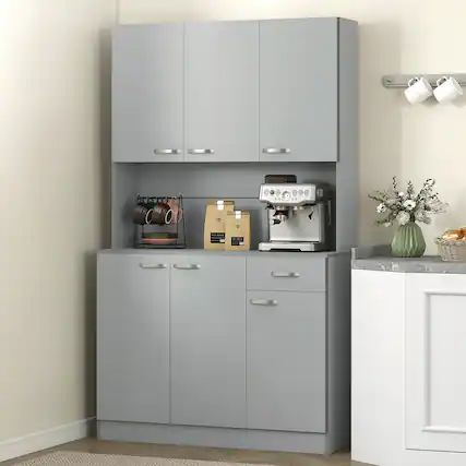 Front. Homcom - 71" Kitchen Pantry Cabinet, Tall Storage Cabinet with Microwave Stand, Modern Kitchen Hutch with Countertop, 6 Doors - Grey.