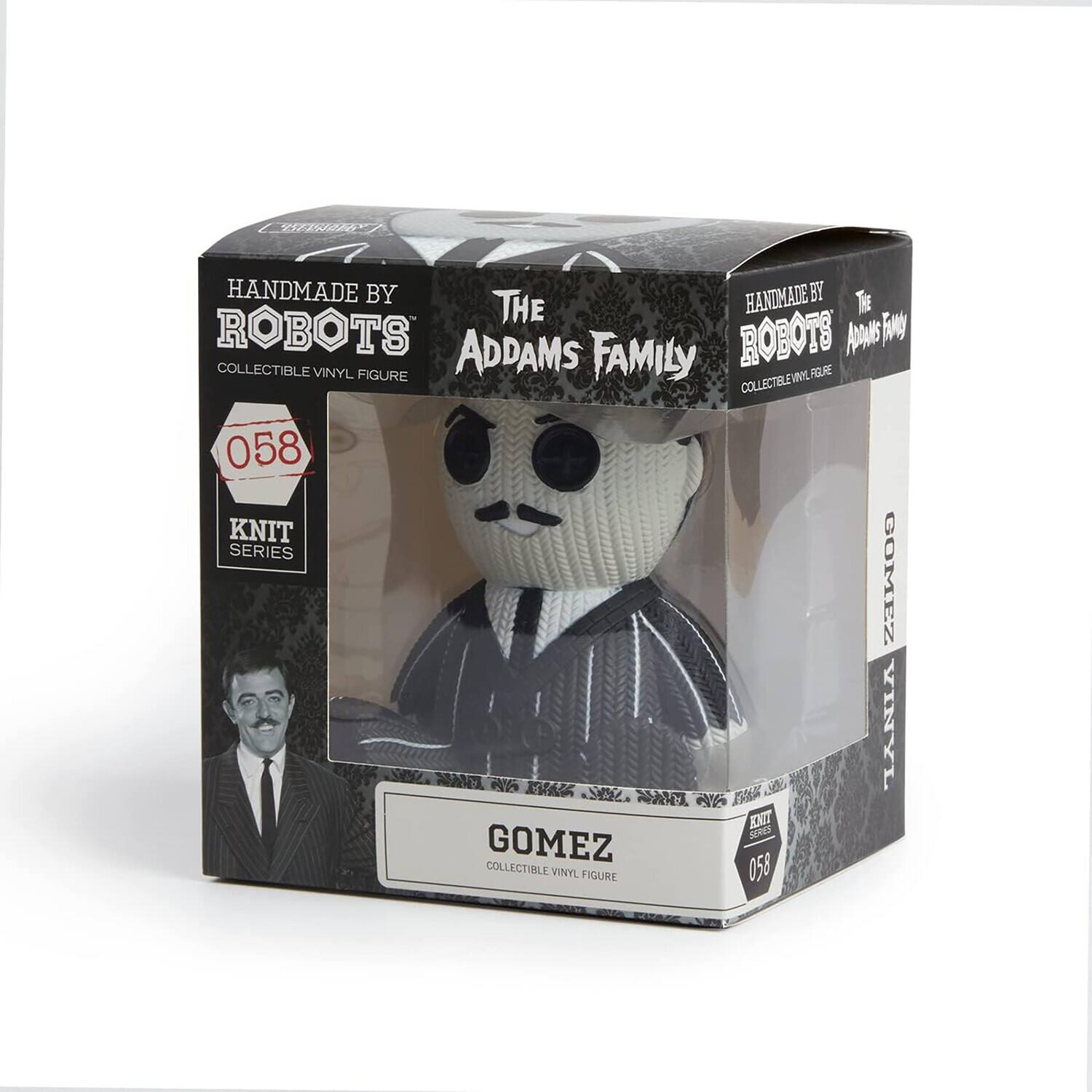 The text on the image can be grouped and corrected as follows:

"Handmade by The Robots Collectible Vinyl Figure Addams Family Knit Series Gomez 058"