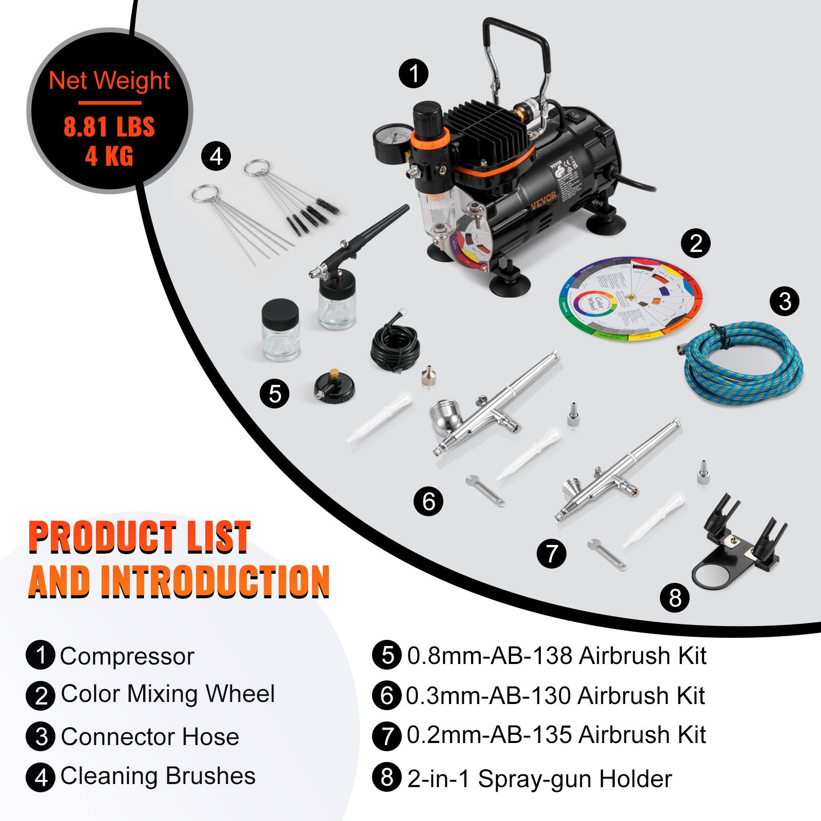 Net Weight: 8.81 LBS 4 KG

PRODUCT LIST AND INTRODUCTION

1. Compressor
2. Color Mixing Wheel
3. Connector Hose
4. Cleaning Brushes
5. 0.8mm-AB-138 Airbrush Kit
6. 0.3mm-AB-130 Airbrush Kit
7. 0.2mm-AB-135 Airbrush Kit
8. 2-in-1 Spray-gun Holder