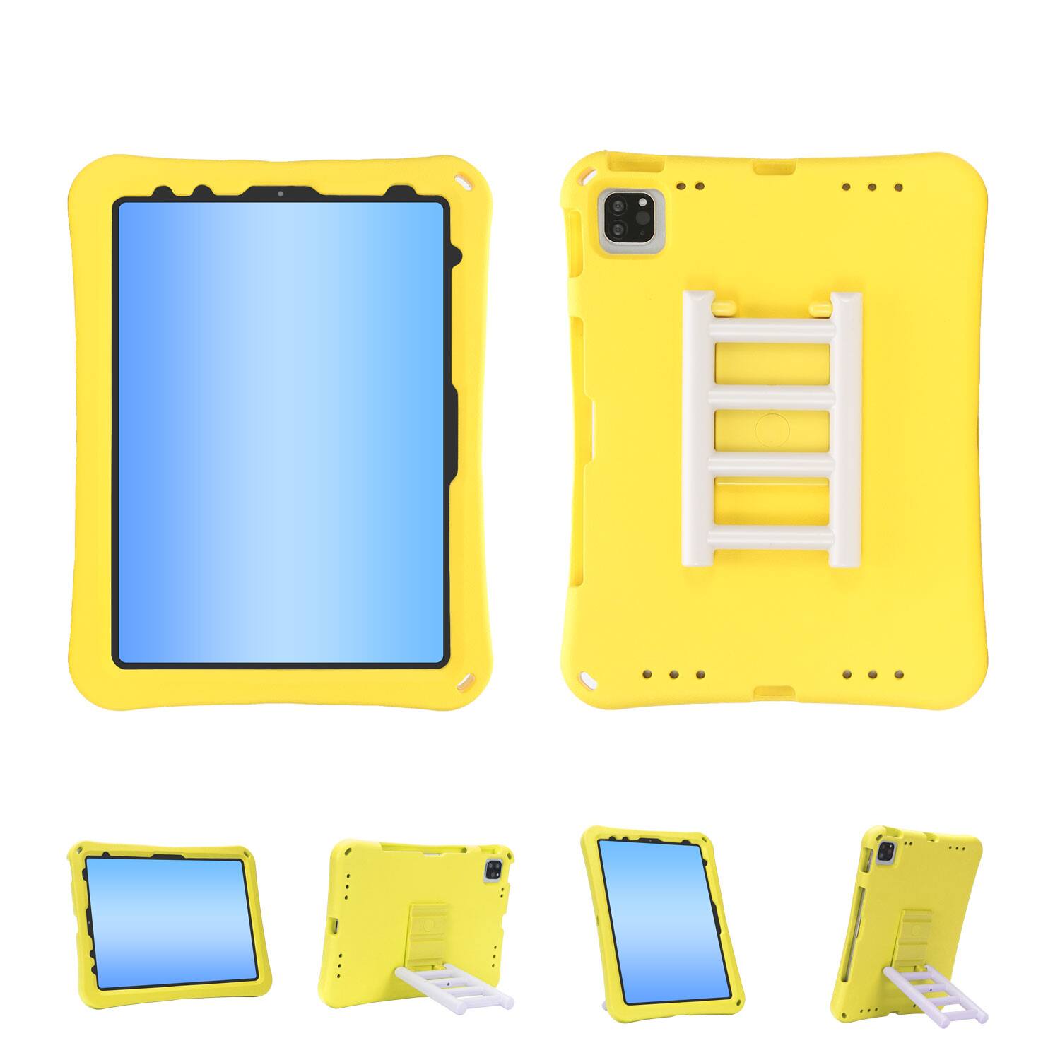 The image shows a yellow protective case for a tablet. The case has a built-in stand that can be used to prop up the tablet.