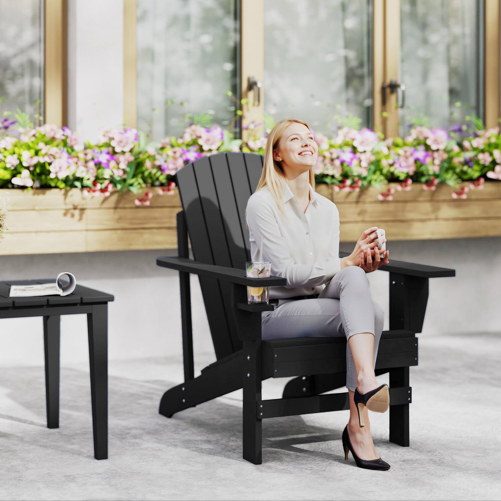 Alt View 1. Outsunny - Adirondack Chair, Outdoor Fire Pit and Porch Seating - Black.