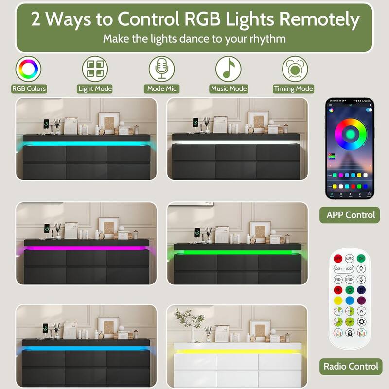 2 Ways to Control RGB Lights Remotely  
Make the lights dance to your rhythm

- RGB Colors
- Light Mode
- Mode Mic
- Music Mode
- Timing Mode

APP Control

Radio Control