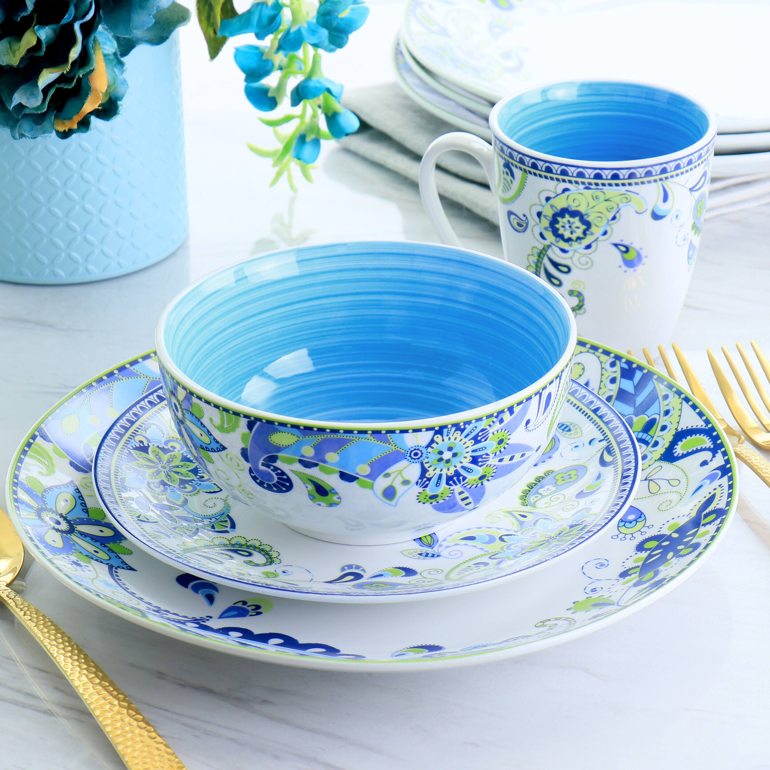 Alt View 8. Elama - Elama Blue Fiesta 16 Piece Round Porcelain Dinnerware Set - White, Blue, and Green.