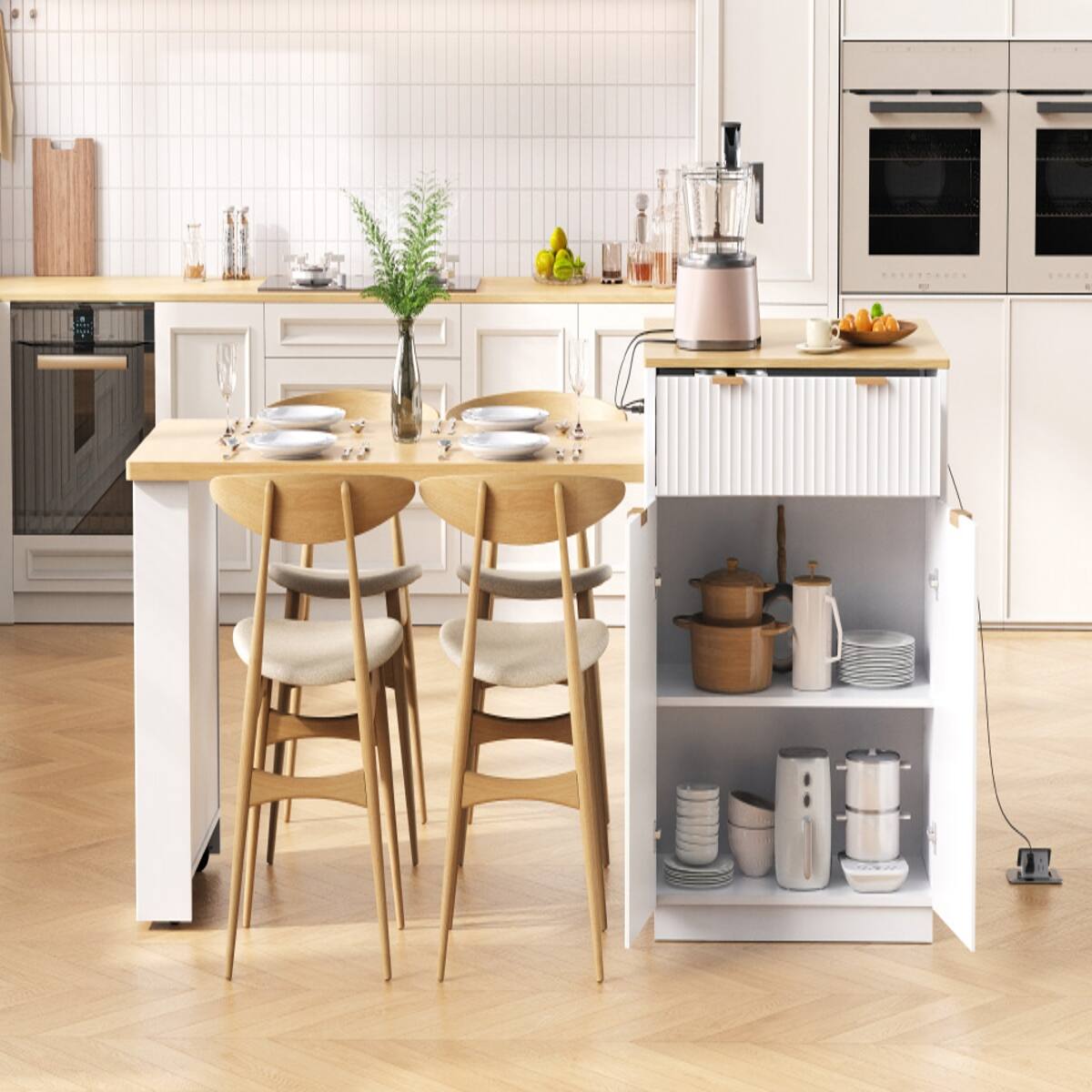 Alt View 8. Loheer - White Fluted Kitchen Island with Extendable Dining Table, 82.6-Inch Rectangular Island with Power Outlet - White.