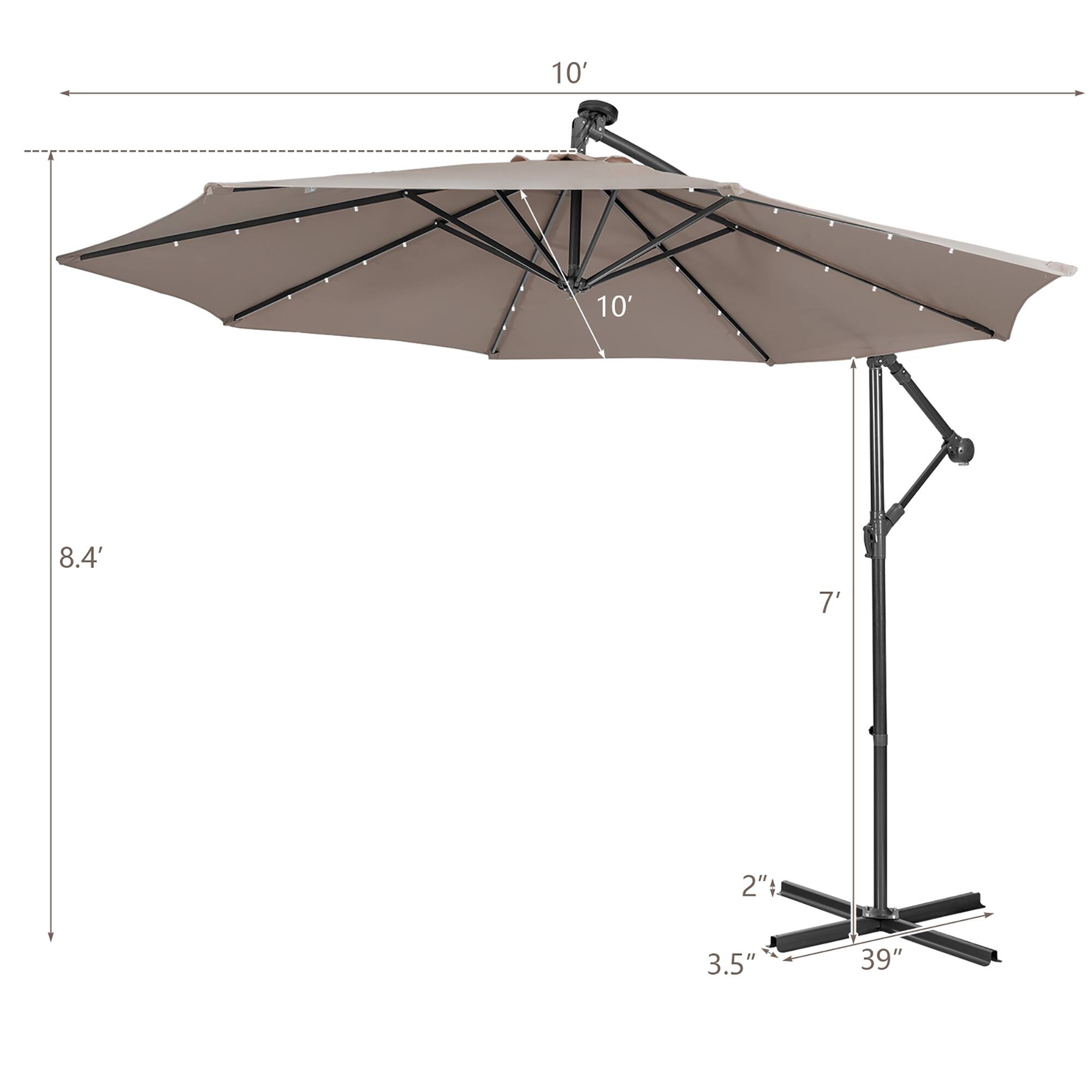 The text on the image reads: 10' 10' 8.4' 7' 2": 3.5" 39". This information is likely related to the dimensions of the umbrella, such as the pole height, umbrella diameter, and the size of the canopy.