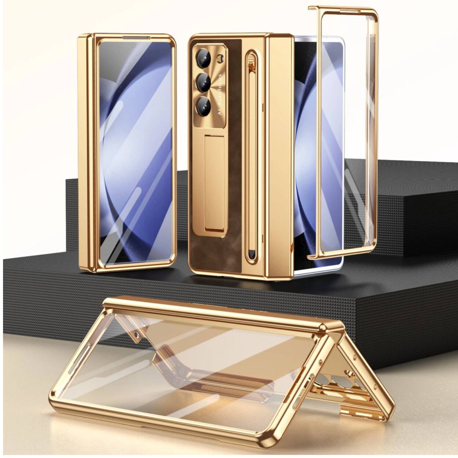 Angle. Stock Preferred - Hinge Stand Case with Screen Protector & Slim Stylus  For Samsung Galaxy Z Fold7- Gold Brown - Gold Brown.