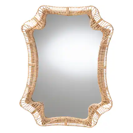 Front. bali & pari - Yusra Natural Rattan Wall Mirror – Handwoven Wicker Frame with Freeform Silhouette, Coastal Boho Wall Décor - Natural Brown.