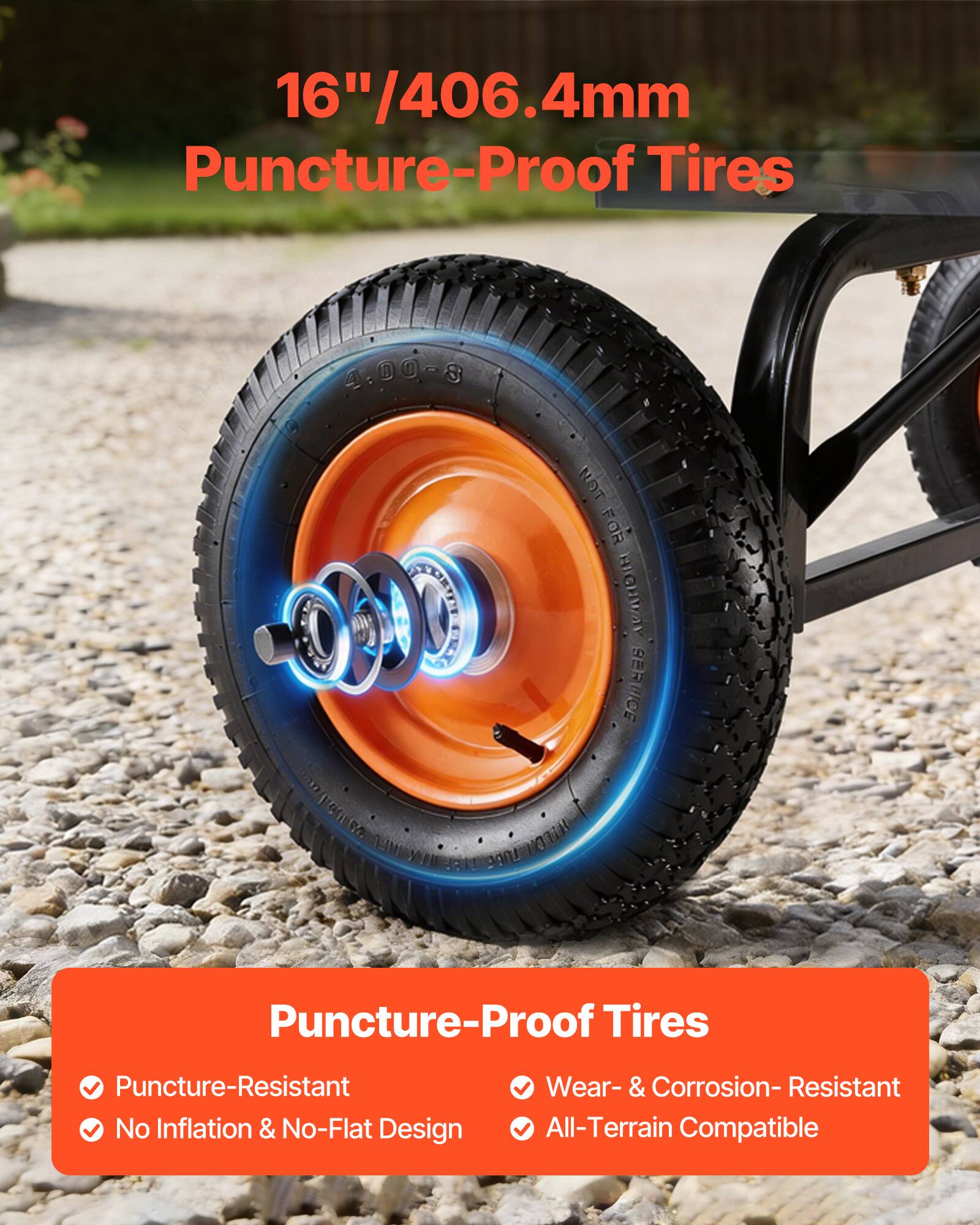 16"/406.4mm Puncture-Proof Tires

Puncture-Proof Tires

- Puncture-Resistant
- No Inflation & No-Flat Design
- Wear- & Corrosion-Resistant
- All-Terrain Compatible

NOT FOR HIGHWAY SERVICE