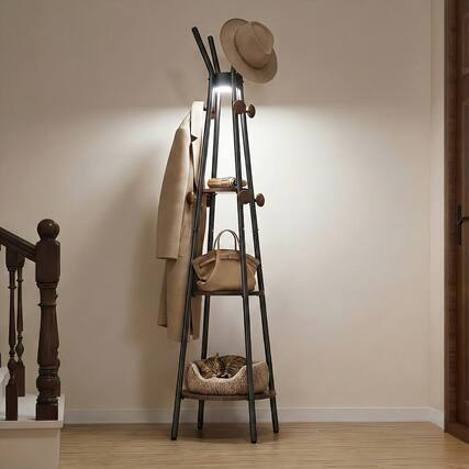 Front. young master - Freestanding Coat Rack with 3 Shelves and 12 Hooks, Coat tree with Motion Sensor Light for Entryway, Black - Black.