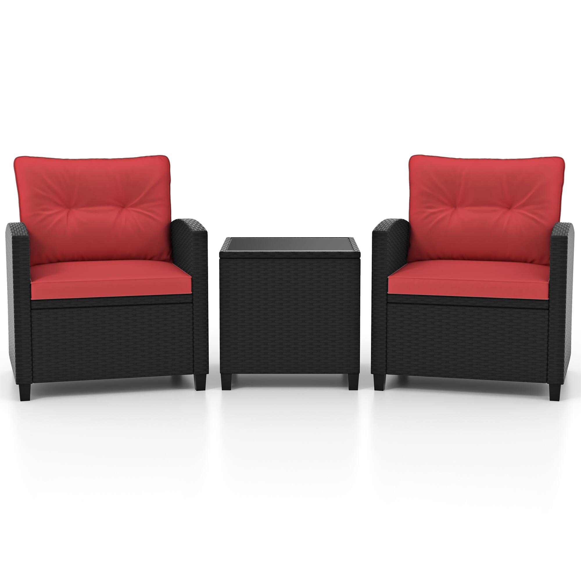 Alt View 9. Gymax - Gymax 3 PCS Patio Furniture Set w/Tempered Glass Coffee Table Washable Cushions Red - Red.