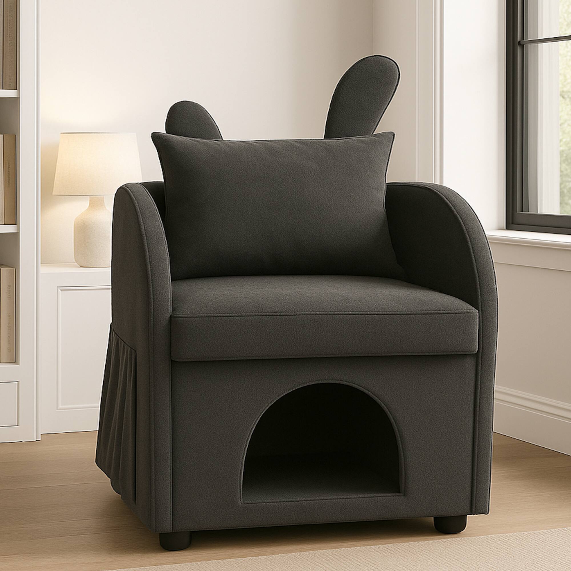 Front. GOODSILO - Pet-Friendly Bunny-Ear Armchair with Hidden Pet Compartment and Scratch-Resistant Upholstery for Cats and Small Dogs - Dark Gray.