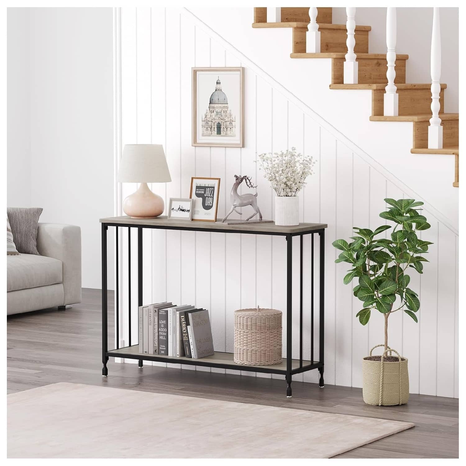 Qeetex - 2 Tier Narrow Sofa Table, Small Entryway Table with Engineered Wood Shelf and Metal Frame - Gray