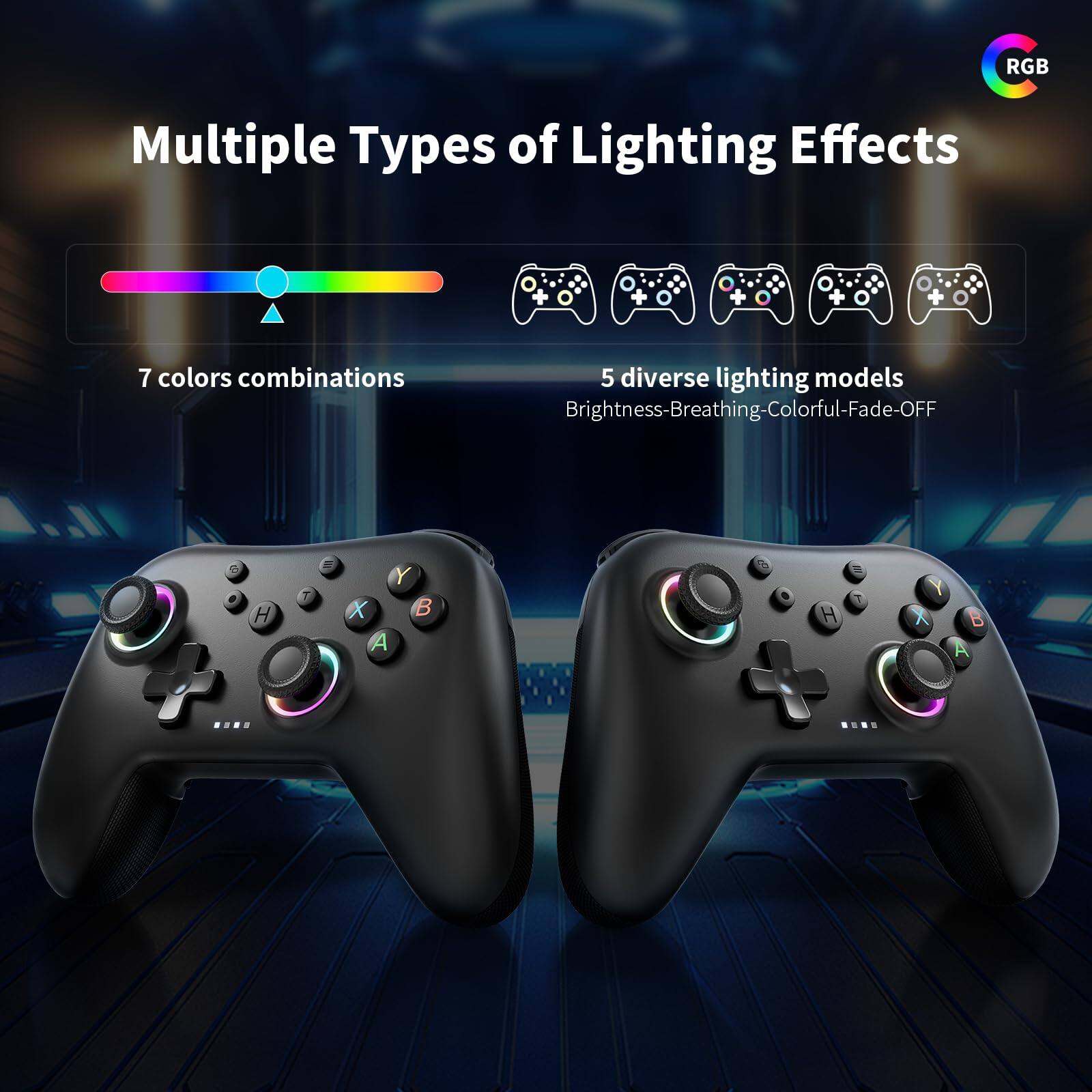 Multiple Types of Lighting Effects

7 colors combinations

5 diverse lighting models
Brightness-Breathing-Colorful-Fade-OFF
