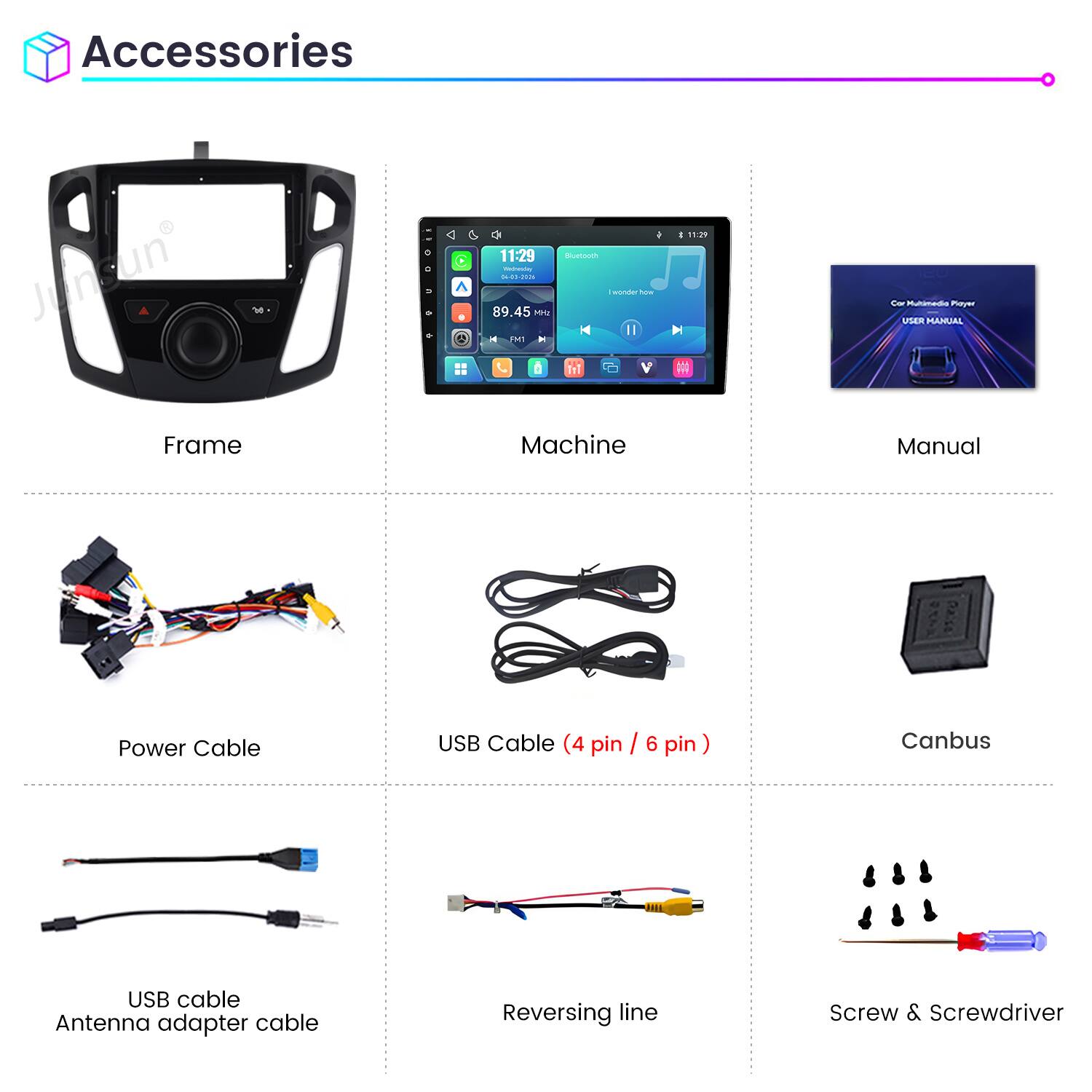 Accessories

Frame

Machine

Manual

Power Cable

USB Cable (4 pin / 6 pin)

Canbus

USB cable
Antenna adapter cable

Reversing line

Screw & Screwdriver