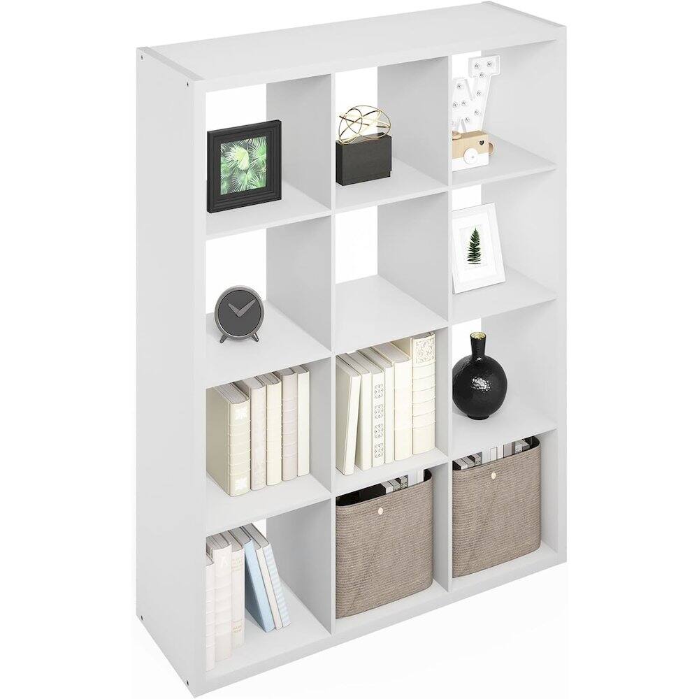 Left. FurniFact - White Engineered Wood 12 Shelf Open Back Storage with Modern Display Design - White.
