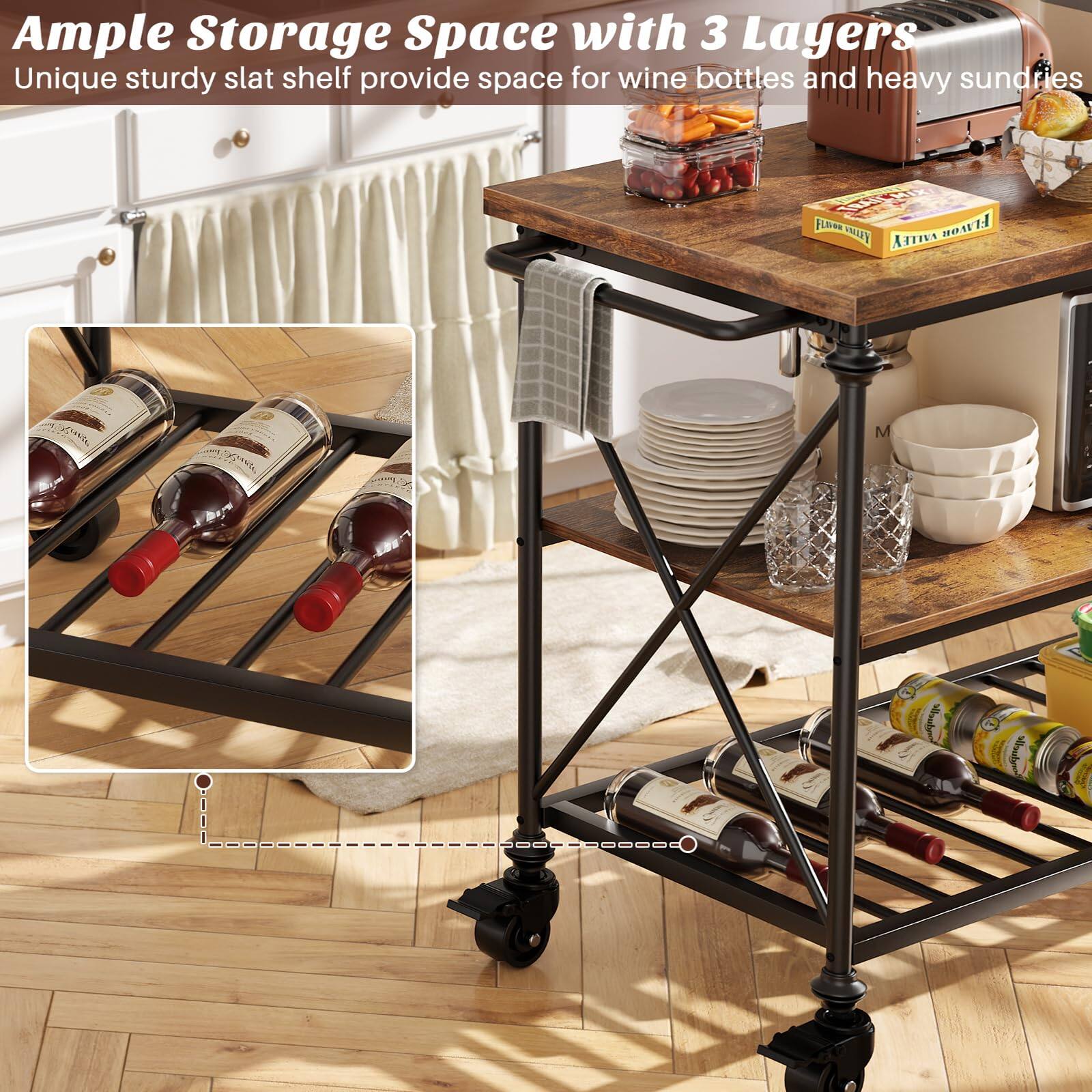 Ample Storage Space with 3 Layers  
Unique sturdy slat shelf provides space for wine bottles and heavy sundries