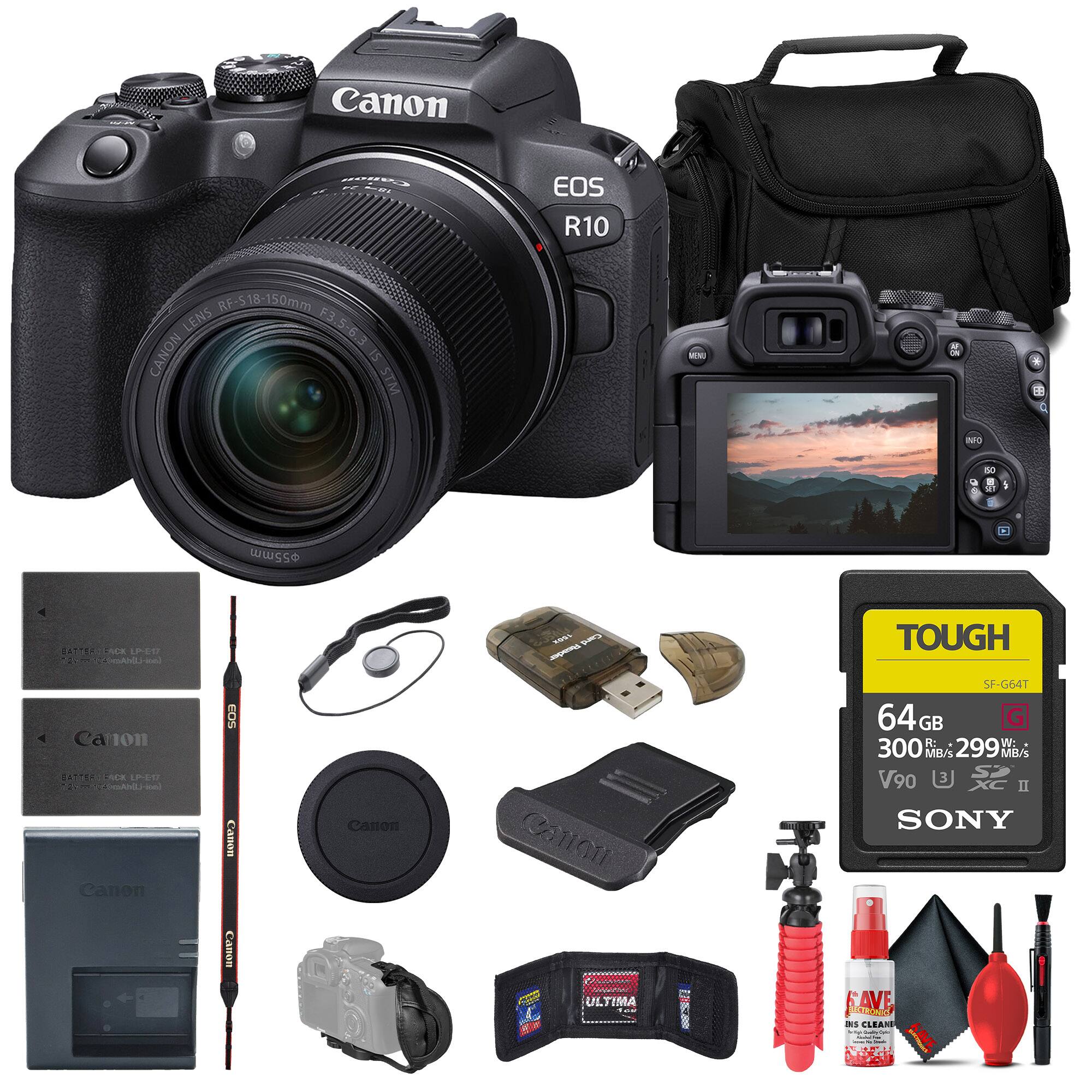 Canon EOS R10 RF-S 18-150mm Lens F3.5-6.3 IS STM  
Canon SF-G64T 64GB V90 300 MB/s 299 MB/s  
Canon Battery LP-E17  
Canon Battery Charger CB-2LH  
Canon Lens Hood  
Canon Lens Cap  
Canon Camera Bag  
Canon USB Cable  
Canon Cleaning Kit  
Canon Remote Control  
Canon Lens Cleaning Spray  
Canon Lens Cleaning Cloth  
Canon Lens Cleaning Brush  
Canon Lens Cleaning Pen