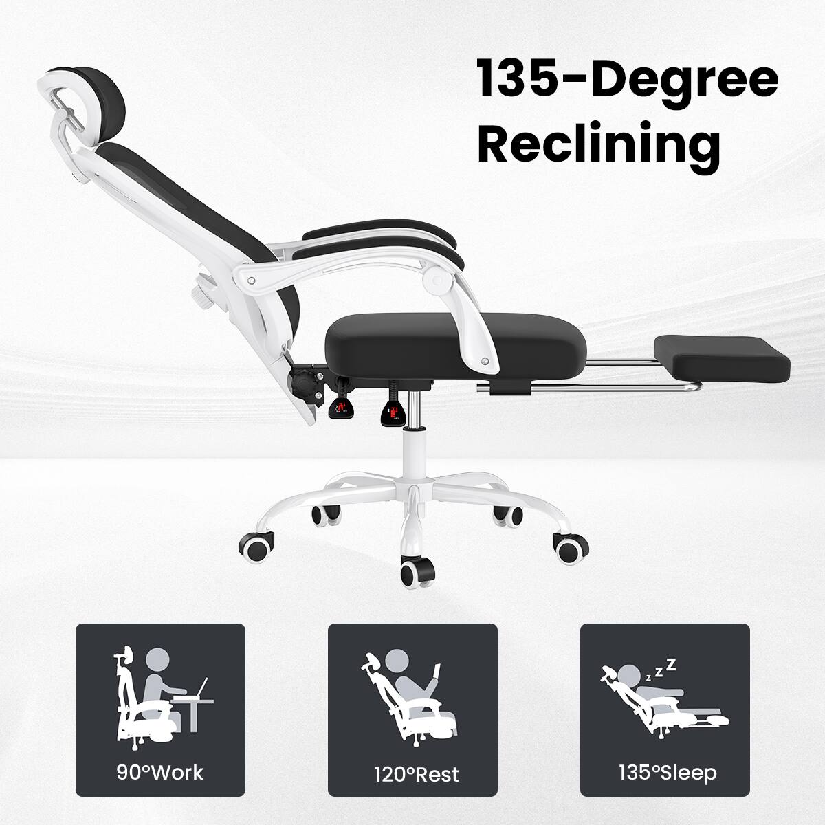135-Degree Reclining

90° Work

120° Rest

135° Sleep