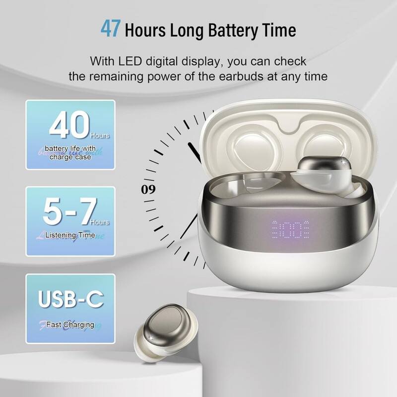 47 Hours Long Battery Time

With LED digital display, you can check the remaining power of the earbuds at any time

- 40 Hours battery life with charge case
- 5-7 Hours Listening Time
- USB-C Fast Charging