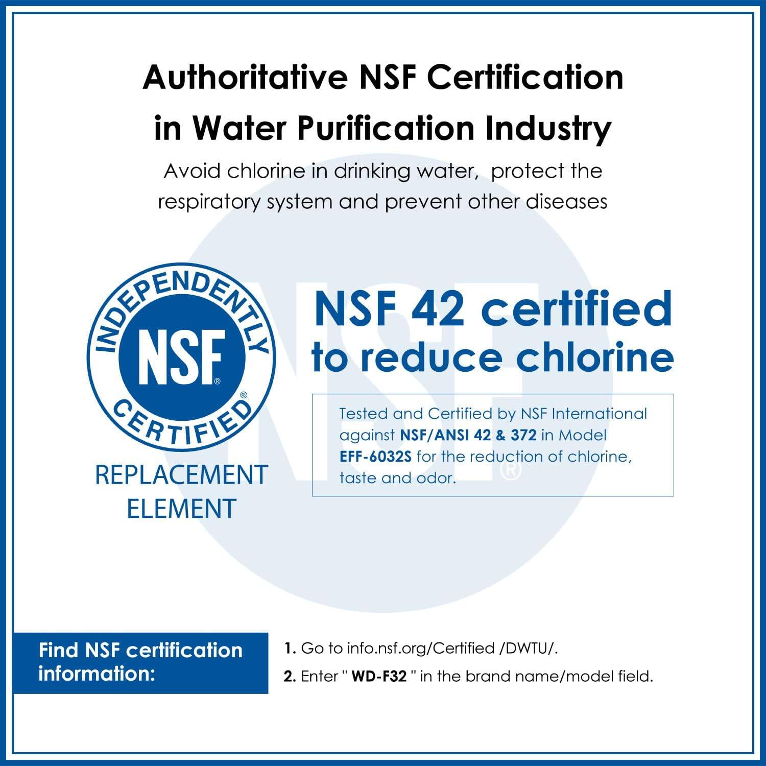 Authoritative NSF Certification in Water Purification Industry

Avoid chlorine in drinking water, protect the respiratory system and prevent other diseases.

INDEPENDENTLY NSF 42 certified to reduce chlorine.

Tested and Certified by NSF International against NSF/ANSI 42 & 372 in Model EF6-6032S for the reduction of chlorine, taste and odor.

REPLACEMENT ELEMENT

Find NSF certification information:
1. Go to info.nsf.org/Certified/DWTU/.
2. Enter "WD-F32" in the brand name/model field.