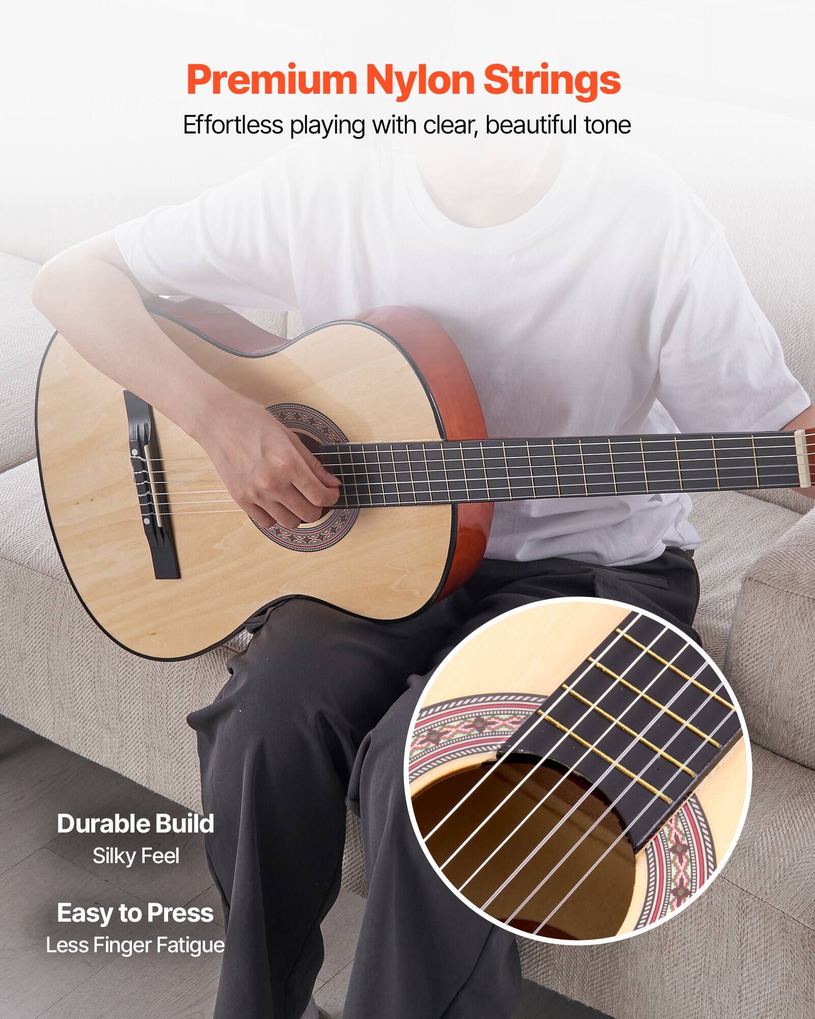 Premium Nylon Strings  
Effortless playing with clear, beautiful tone  

Durable Build  
Silky Feel  

Easy to Press  
Less Finger Fatigue