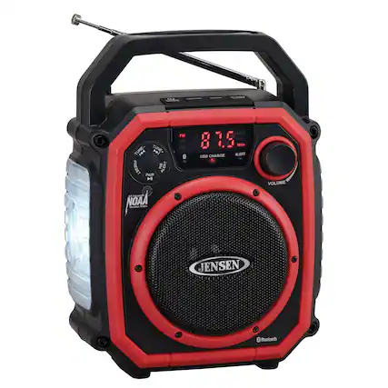 Sure, here is the corrected and grouped text from the image:
- **JENSEN**
- **NOAA Weather Radio**
- **Bluetooth**
- **VOLUME**
- **USB CHARGE**
- **ALERT**
- **FM**
- **AM**
- **WB**
- **TUNE**
- **PRESET**
- **PAIR**
- **ALERT**
- **1.5**
- **8.15 MHz**