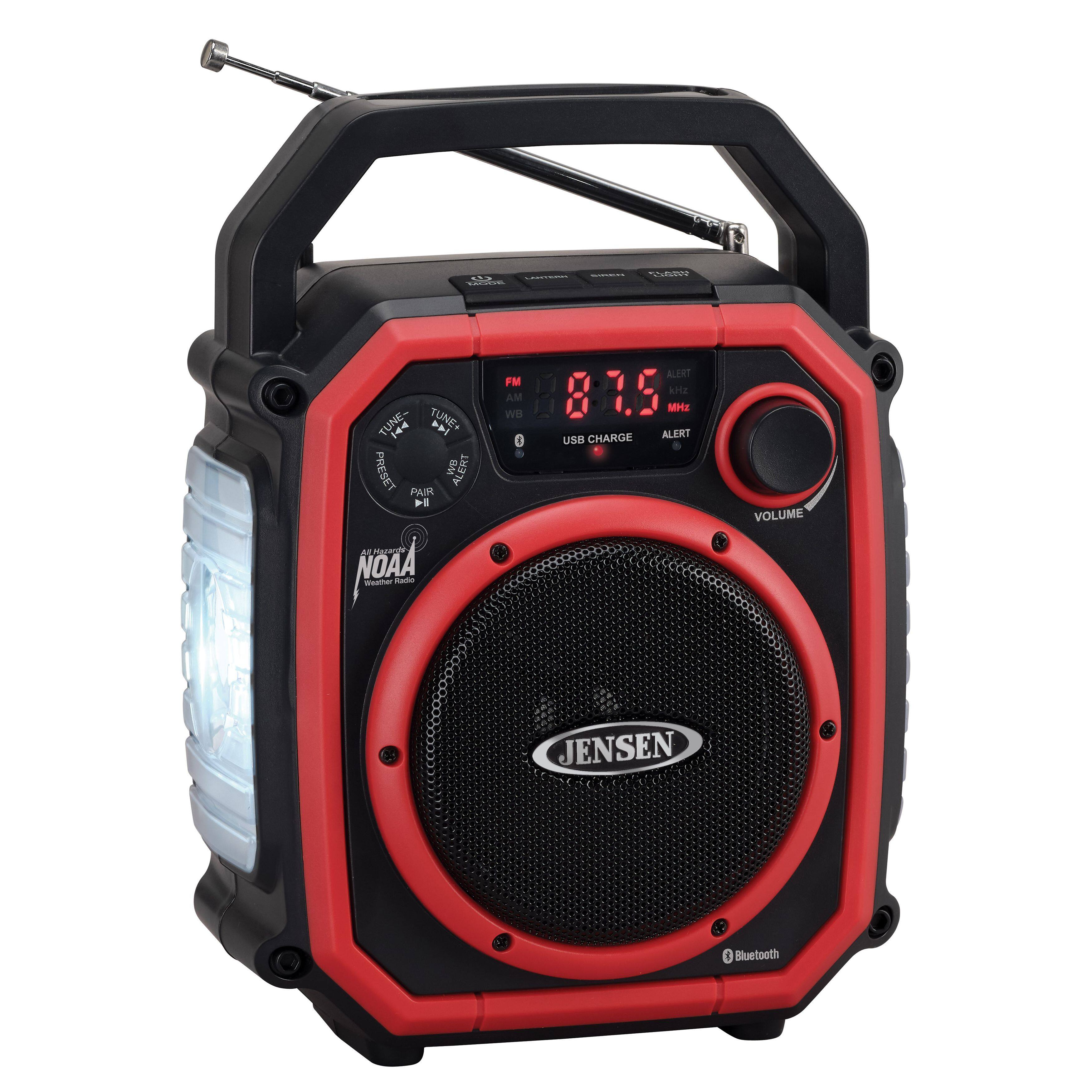 Sure, here is the corrected and grouped text from the image:

- **JENSEN**
- **NOAA Weather Radio**
- **Bluetooth**
- **VOLUME**
- **USB CHARGE**
- **ALERT**
- **FM**
- **AM**
- **WB**
- **TUNE**
- **PRESET**
- **PAIR**
- **ALERT**
- **1.5**
- **8.15 MHz**