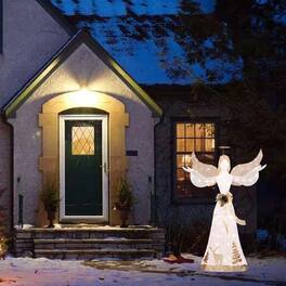 BreeBe - 5ft Pre-Lit 3D Glittered Christmas Angel Decoration with 100 Warm LED Lights - White