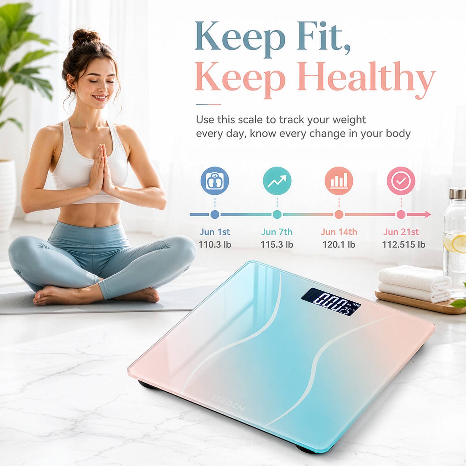Keep Fit, Keep Healthy

Use this scale to track your weight every day, know every change in your body

Jun 1st 110.3 lb  
Jun 7th 115.3 lb  
Jun 14th 120.1 lb  
Jun 21st 112.515 lb

BOGS 25 ME LEADZM