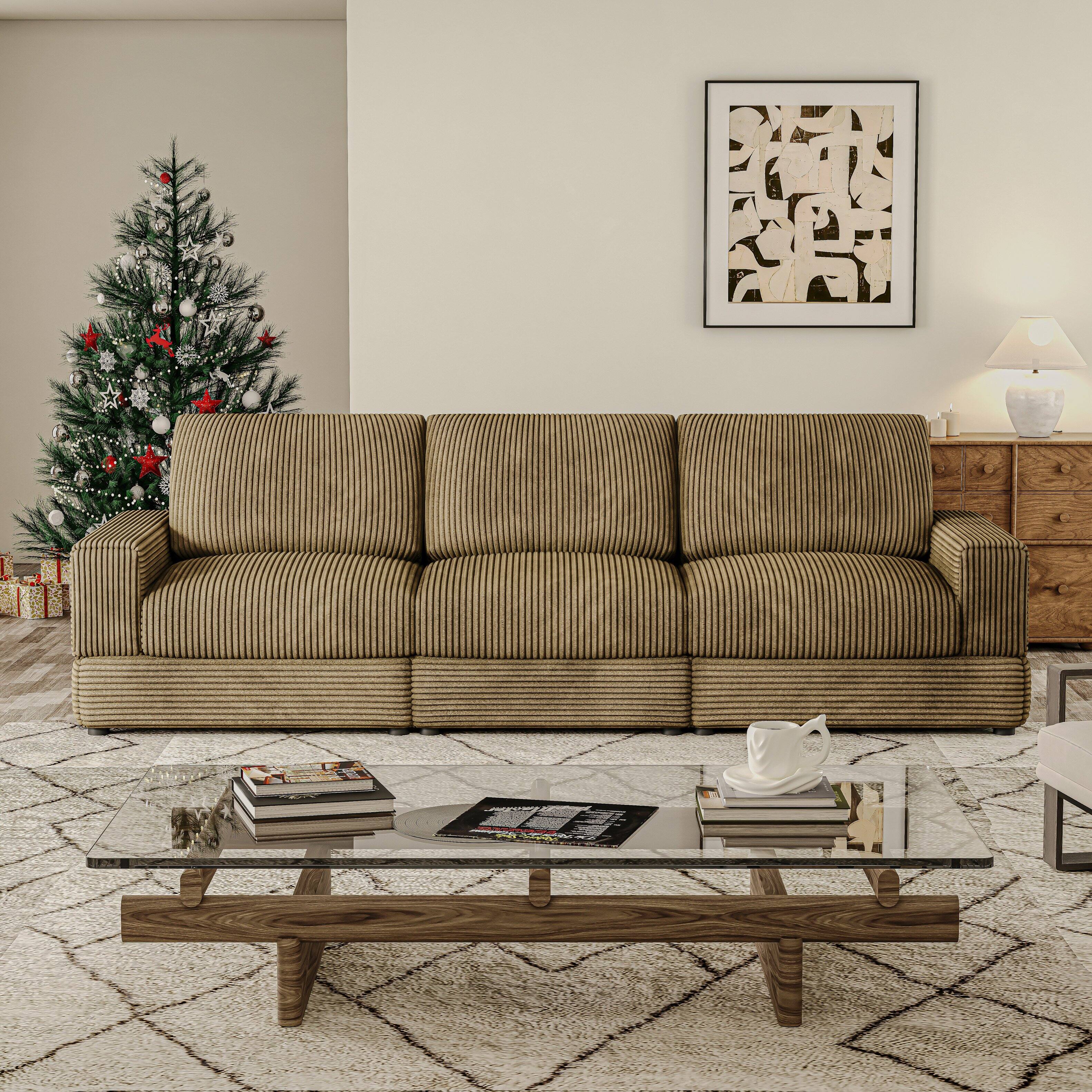 Front. MSOOB - 107'' 3-Seater Corduroy Sofa Mid Century Modern Corduroy Sofa Fabric Couch with Cushion Back Deep Seat (Green) - Green.