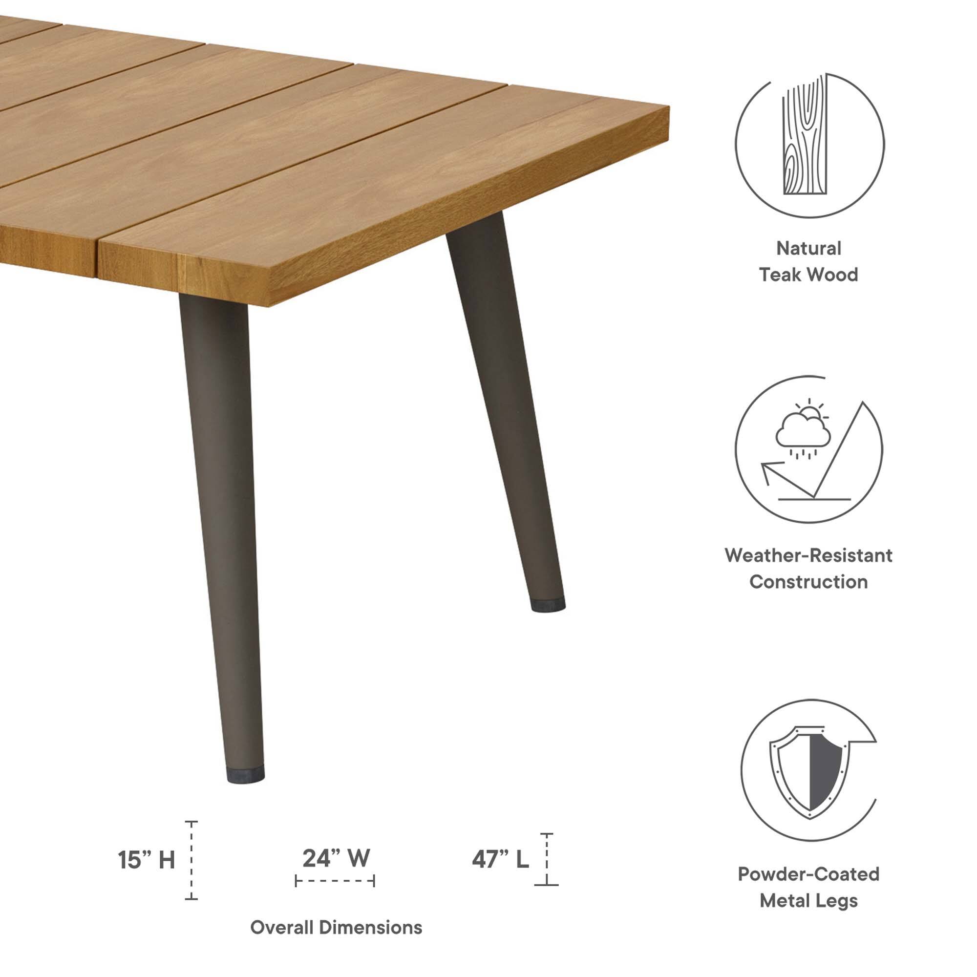 Natural Teak Wood  
Weather-Resistant Construction  

15" H  
24" W  
47" L  

Powder-Coated Metal Legs  

Overall Dimensions