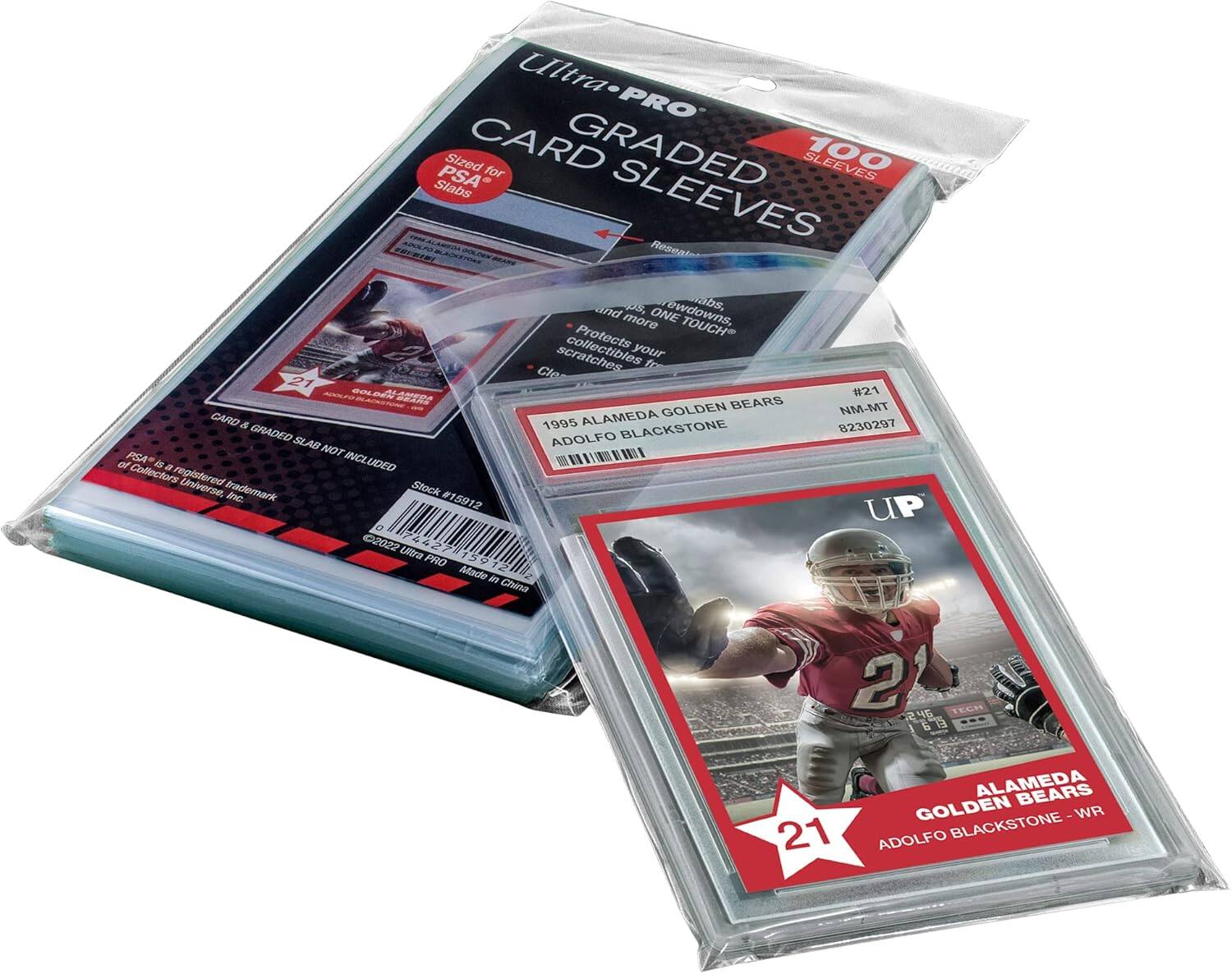 Ultra-PRO Ultra PSA Sized CARD for GRADED SLEEVES SL Slabs SLEEVES sont and 03, wabs, more ONE ewdowns, TOUCH collectibles Protects your for Clo 21 os SRERO #21 GOLDEN BEARS NM-MT CARD & 1995 ALAMEDA 8230297 GRADED ADOLFO BLACKSTONE SLAB NOT PSA I of Collectors d a INCLUDED registered Universe, Stock trademark Inc. #15912 UP D 2022 Ultra 4927 PRO 15912 Made in China 2 246 6 5 21 ALAMEDA A BEARS GOLDEN WR ADOLFO BLACKSTONE

Ultra-PRO GRADED CARD SLEEVES  
Sized for PSA Slabs  
100 SLEEVES  
Protects your collectibles from scratches, creases, and more  
ONE TOUCH®  
Clear  
PSA is a registered trademark of Collectors Universe, Inc.  
©2022 Ultra PRO  
Made in China  

1995 ALAMEDA GOLDEN BEARS  
ADOLFO BLACKSTONE  
#21  
NM-M