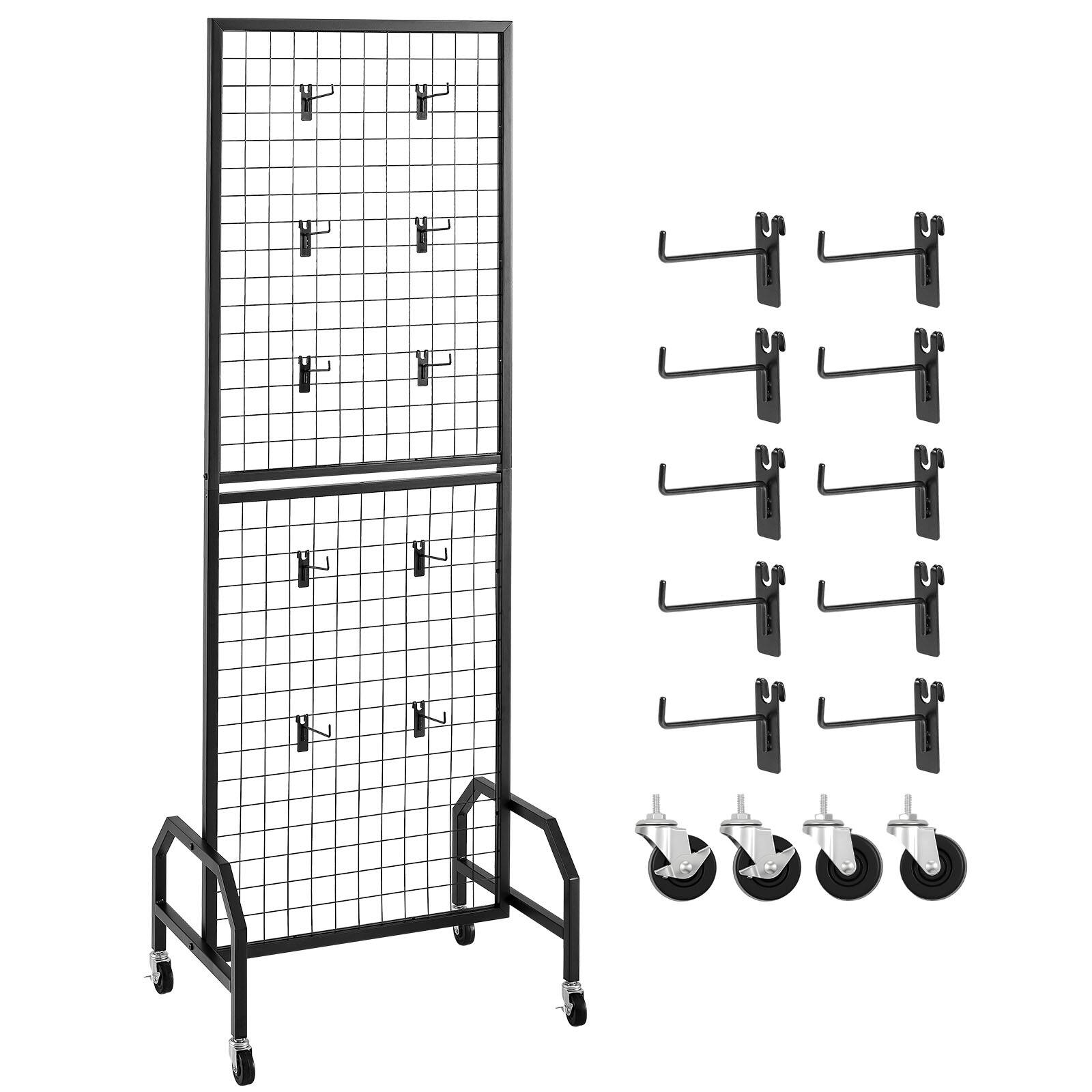 Alt View 5. VEVOR - Grid Wall Panel, 1.9 x 5.4 ft Wire Grid Panels Display Rack, Movable Art Display Shelf with Wheels and 10 Hooks - Black.