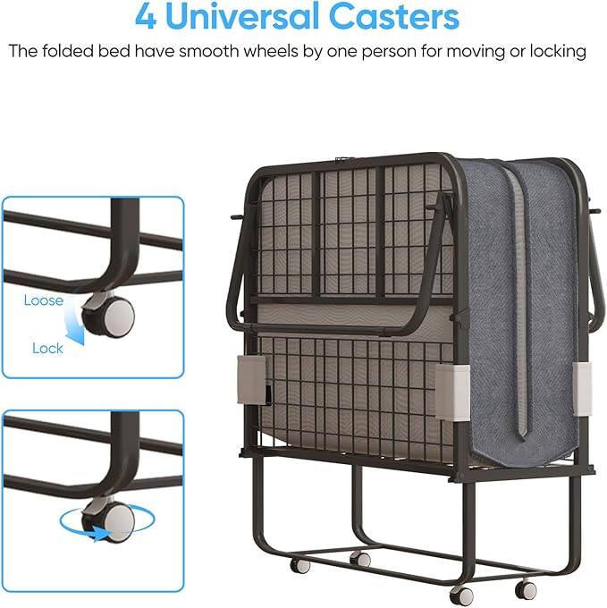 4 Universal Casters

The folded bed has smooth wheels by one person for moving or locking

Loose
Lock