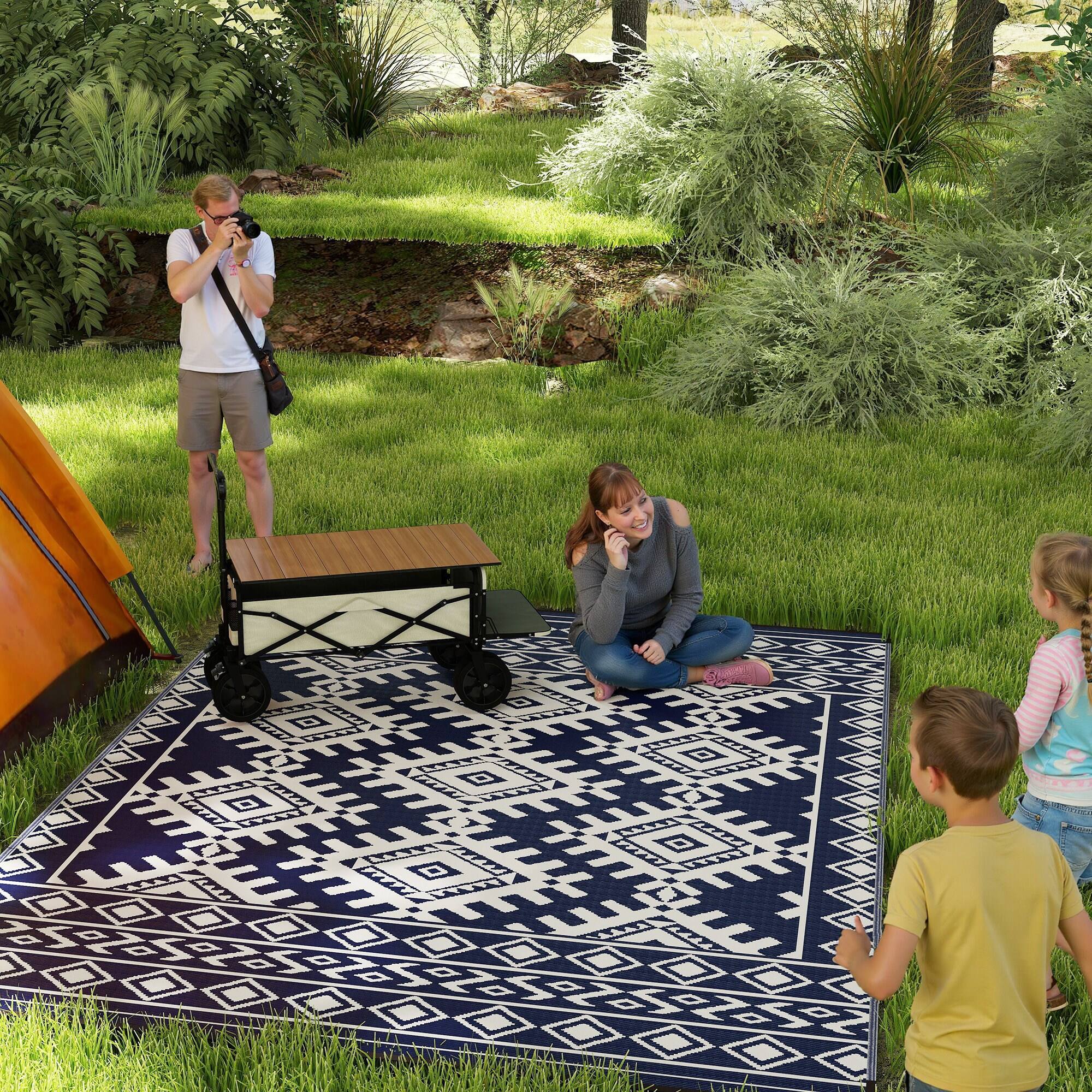 Alt View 1. Outsunny - Outdoor Rug for Patio, 9' x 12' Waterproof Large Mat, Reversible Plastic Straw Rug for Décor - Blue and White Rhombus Border.