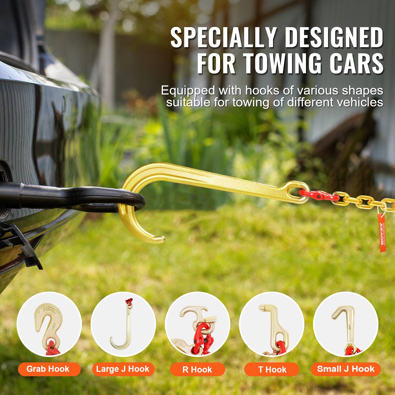 SPECIALLY DESIGNED FOR TOWING CARS  
Equipped with hooks of various shapes suitable for towing of different vehicles  

Grab Hook  
Large J Hook  
R Hook  
T Hook  
Small J Hook