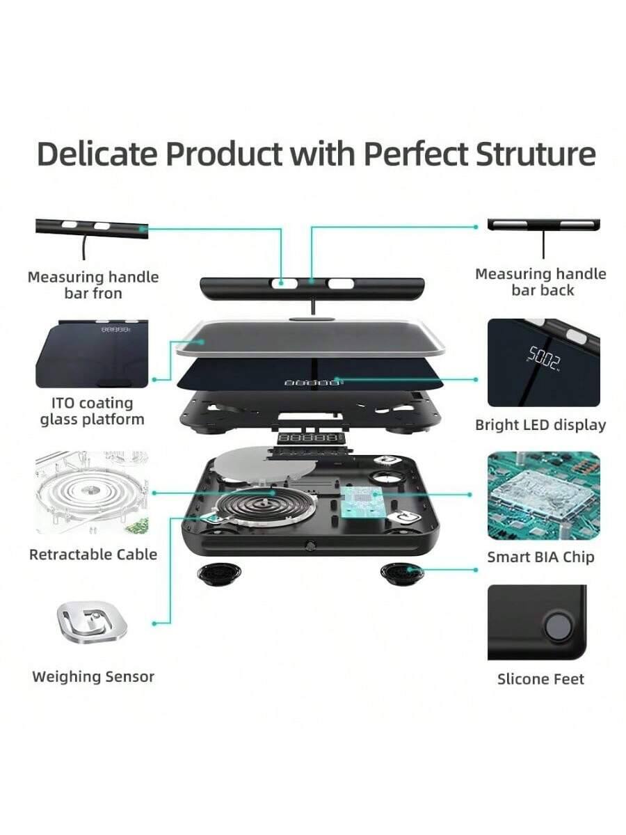 Delicate Product with Perfect Structure

- Measuring handle bar fron
- Measuring handle bar back
- ITO coating glass platform
- Bright LED display
- Retractable Cable
- Smart BIA Chip
- Weighing Sensor
- Silicone Feet