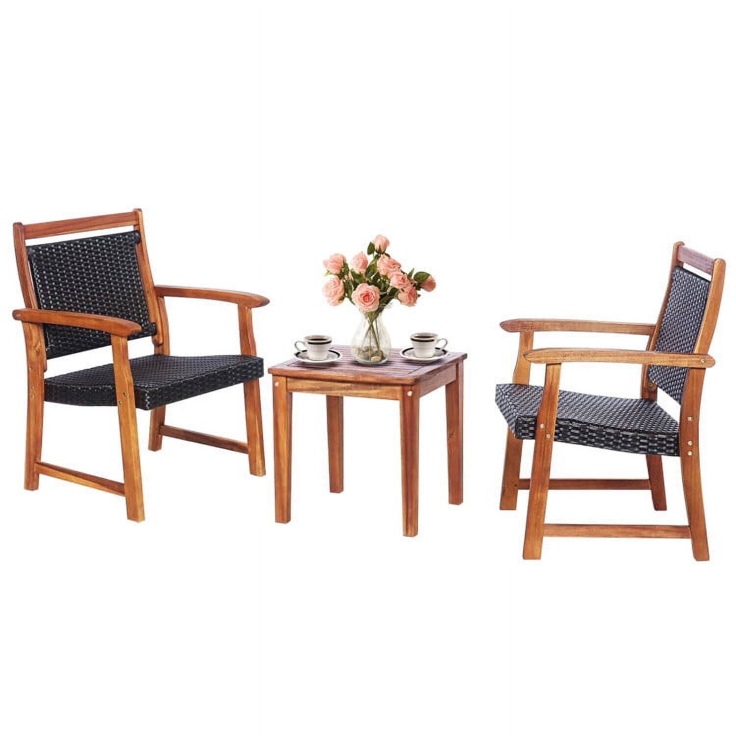 Back. Pefilos - 3 Pieces Rattan Bistro Set, Backyard Patio Outdoor Furniture Conversation Sets with Acacia Wood Frame for Garden - Brown.