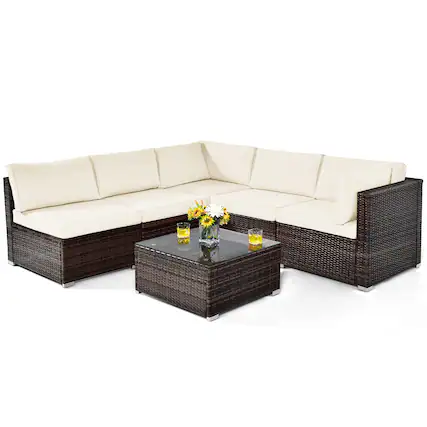 Front. Costway - 6PCS Patio Rattan Furniture Set Cushioned Sofa Coffee Table Garden - White.