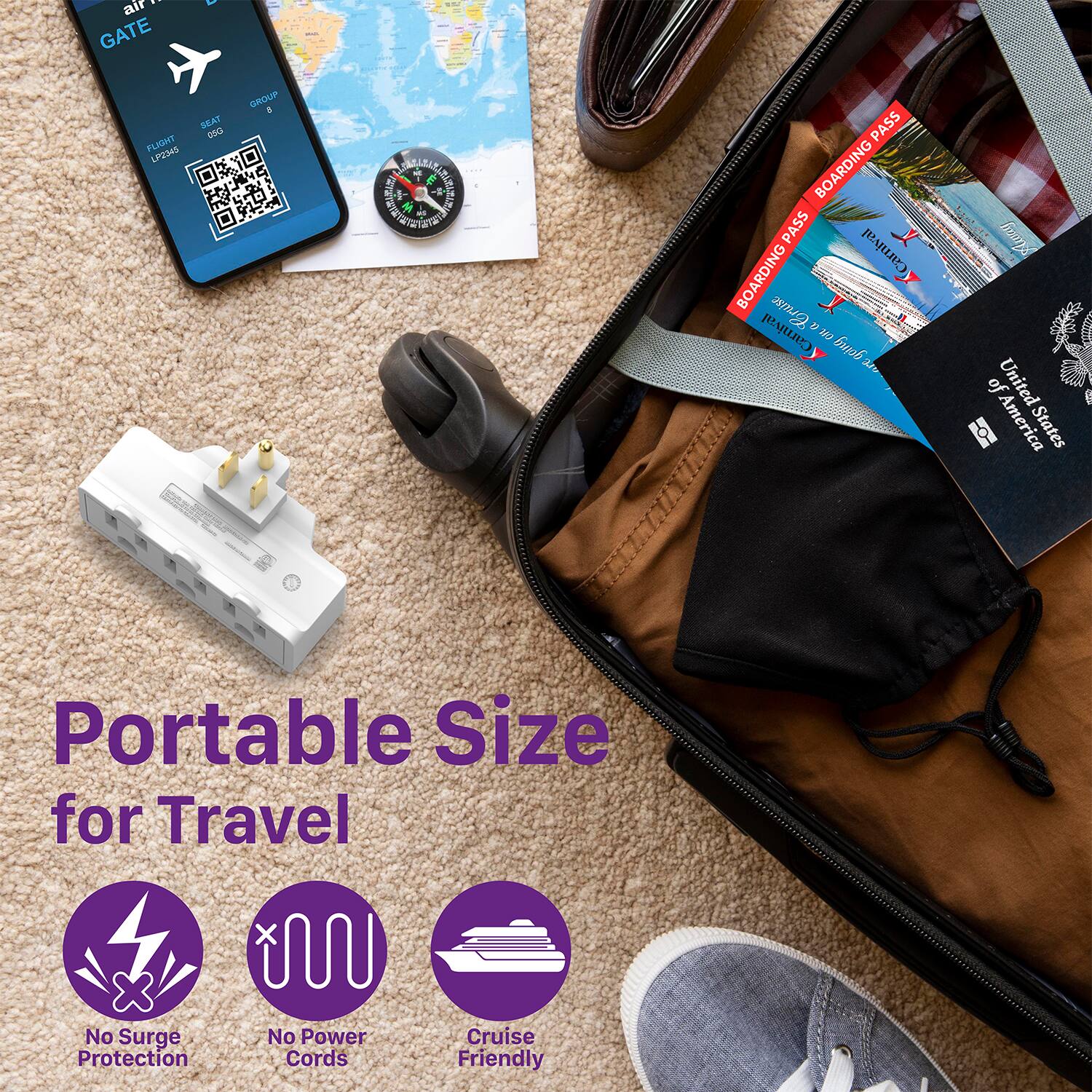 air GATE V SEAT 200 FLIGHT LPZ345 C ONDUP A M ATETES PASS BOARDING PASS 1 Carnival BOARDING Cruise M Carnival 2  Jro husms of United  America States - - Portable Size for Travel  x No Surge No Power Protection Cords Cruise Friendly