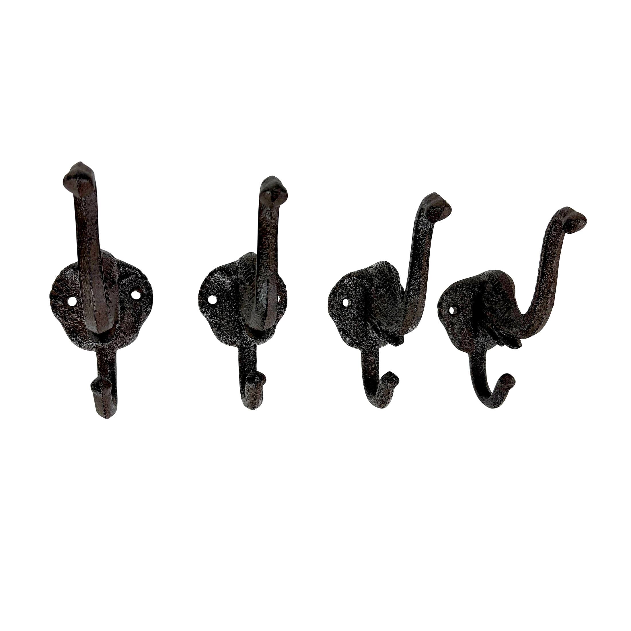 Things2Die4 - Set of 4 Elephant Wall Hooks Rustic Cast Iron 5 in Decorative - Brown