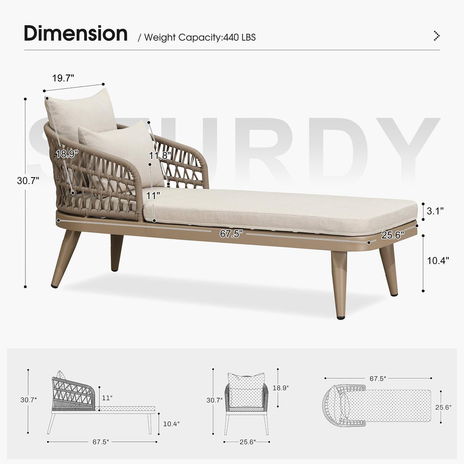 Dimension / Weight Capacity: 440 LBS  
30.7" x 19.7" x 18.9"  
11.8" x 11" x 3.1"  
67.5" x 25.6" x 10.4"
