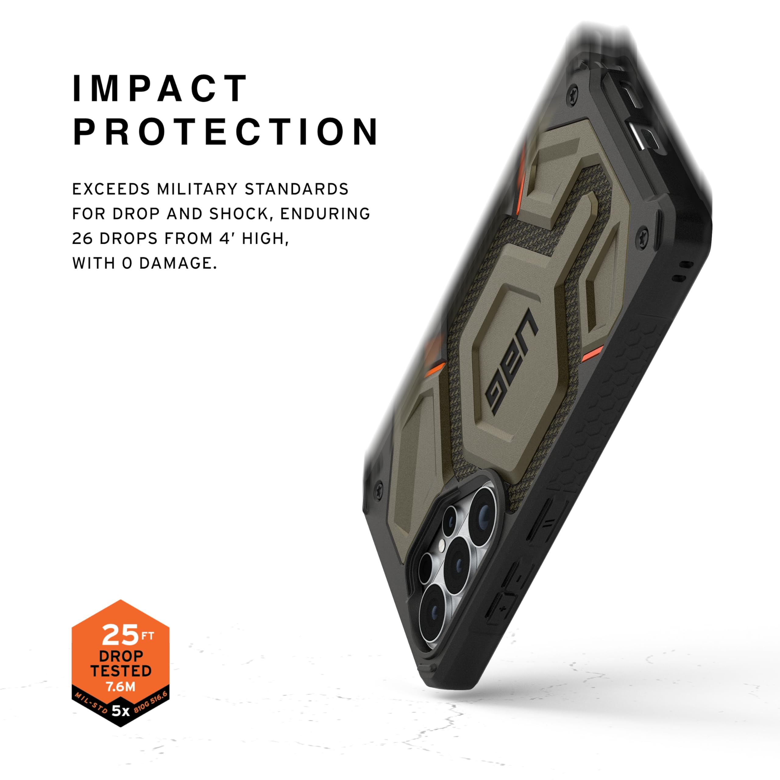IMPACT PROTECTION

EXCEEDS MILITARY STANDARDS FOR DROP AND SHOCK, ENDURING 26 DROPS FROM 4' HIGH, WITH 0 DAMAGE.

25 FT DROP TESTED 7.6M

MIL-STD-810G 516.6