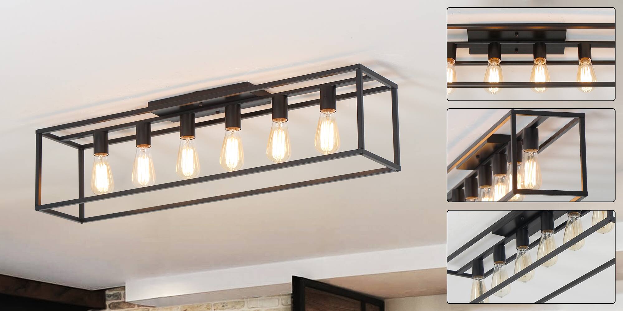 Alt View 3. Umeiluce - 6 Lights Island Ceiling Flush Mount Light Cage Farmhouse Vintagle style for Dinning Room Asile Matte Black finish - Matte Black.