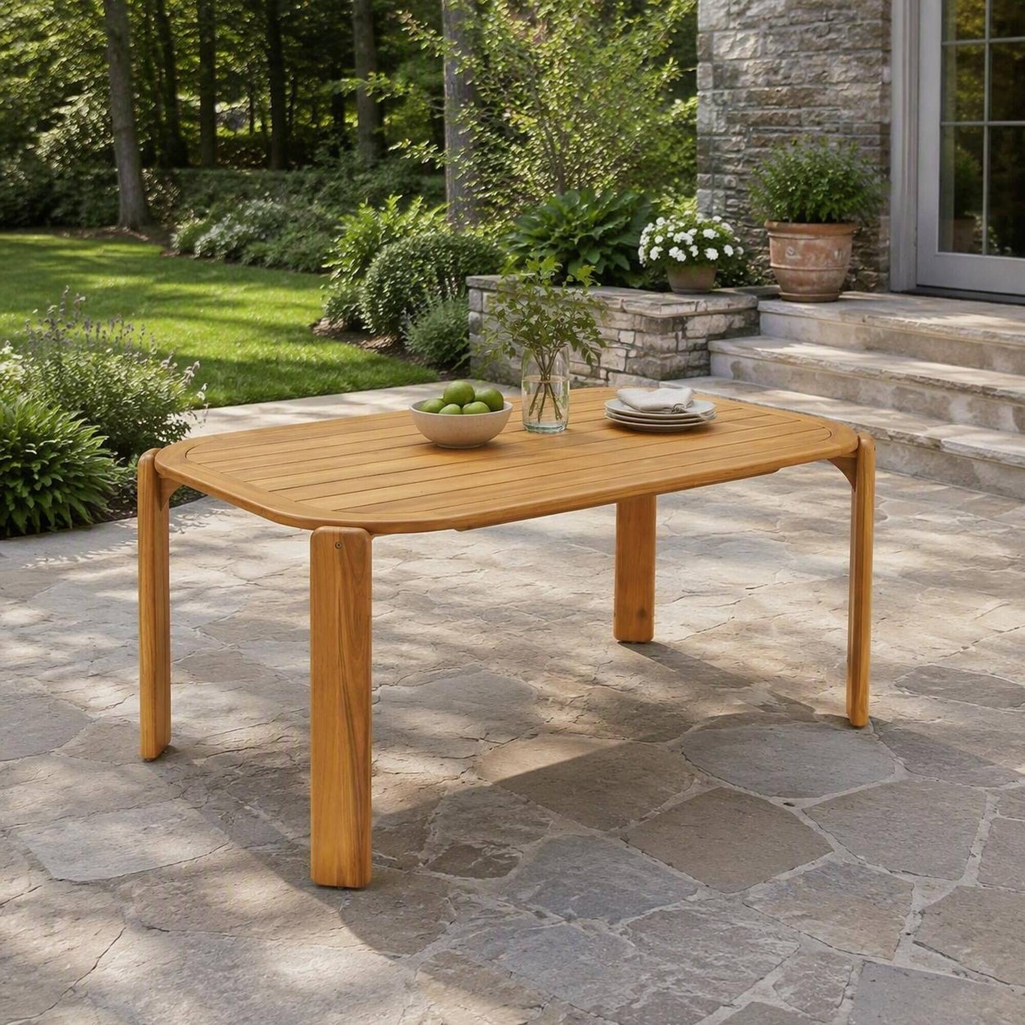 Angle. RYHNUYNE - Acacia Wood Outdoor Dining Table, Teak Finish Slat Design Patio Table For Garden, Backyard And Deck Use - Teak.