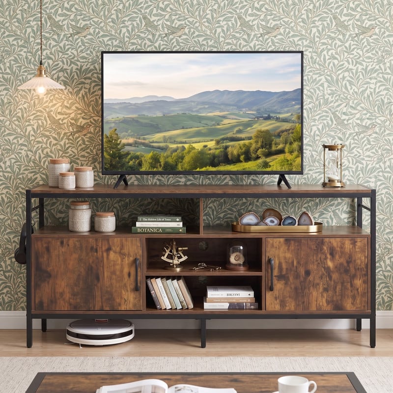 WELLFOR - Industrial TV Stand for 55"/60"/65" Inch TVs with Adjustable Shelf, Entertainment Centre with 2 Door & Open Shelf - Rustic Brwon