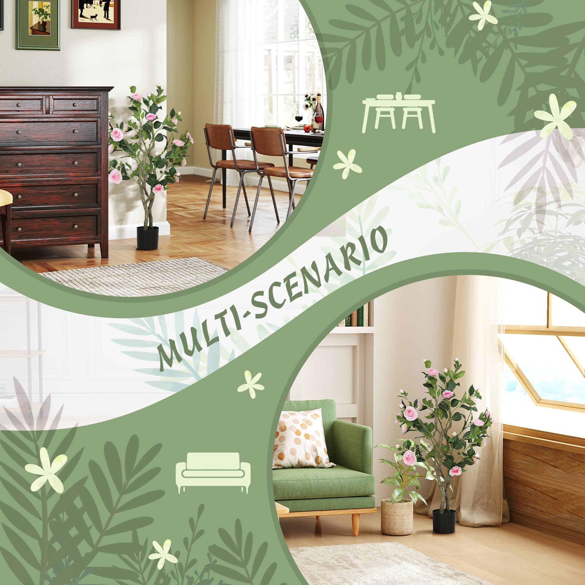 Alt View 4. Homcom - Set of 2 Decorative Artificial Plants, Camellia Flowers in Pots, Fake Plants for Home Indoor Outdoor Decor - Pink.