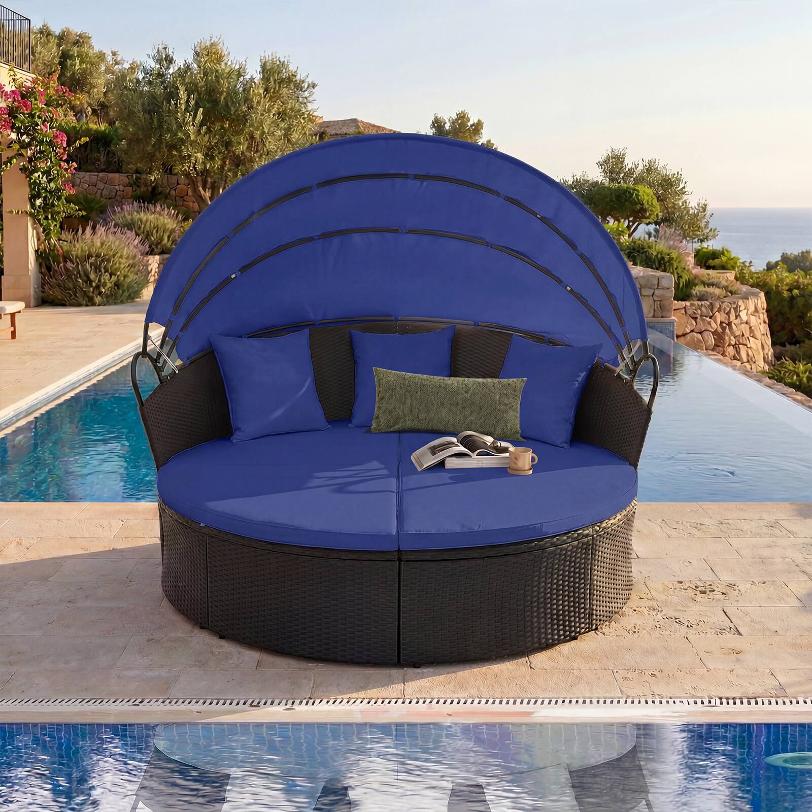 Alt View 3. Costway - Costway Outdoor Patio Round Daybed with Retractable Canopy Cushions Throw Pillows for Lawn - Black+Navy.